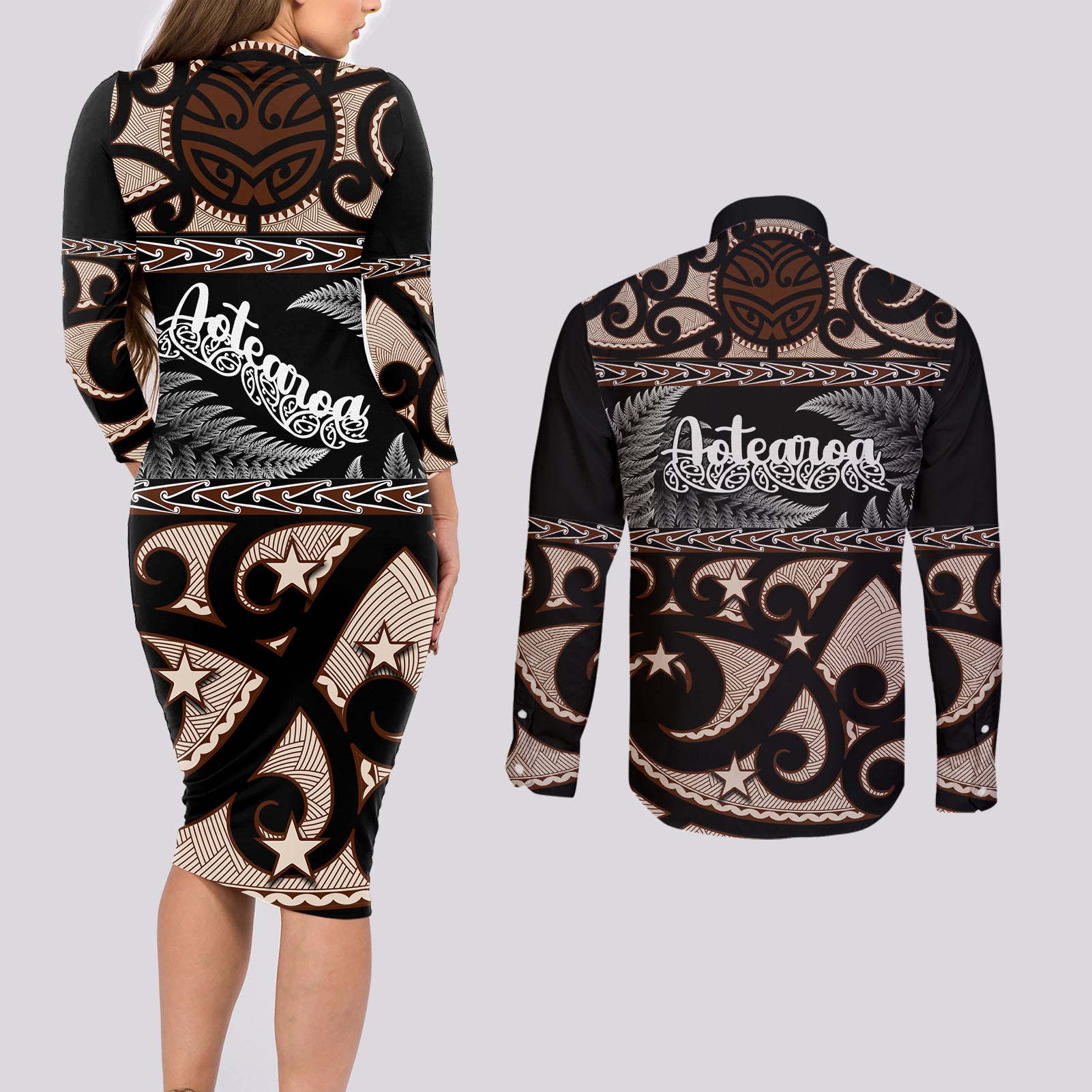 kia-ora-new-zealand-couples-matching-long-sleeve-bodycon-dress-and-long-sleeve-button-shirt-aotearoa-proud-maori-with-silver-fern