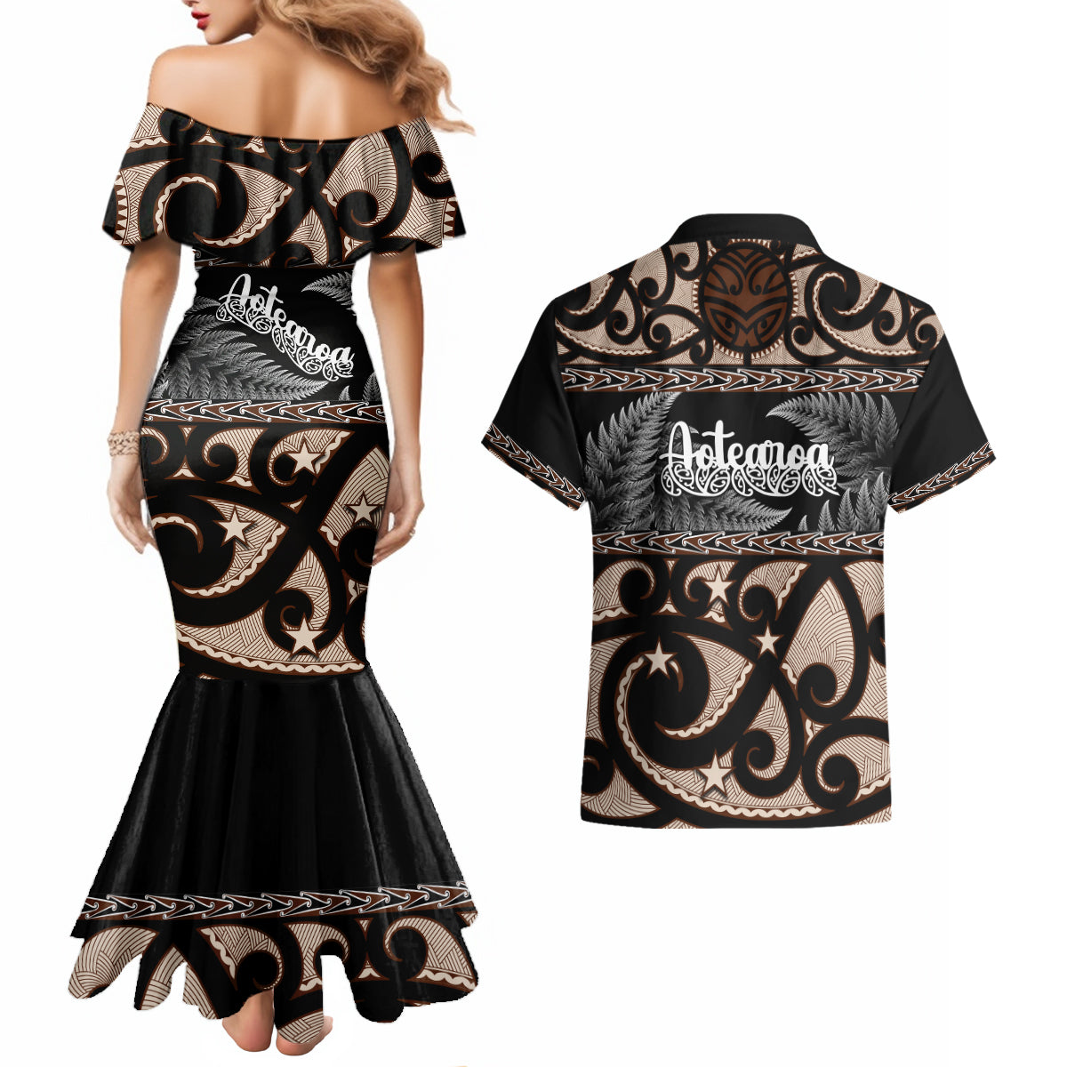 kia-ora-new-zealand-couples-matching-mermaid-dress-and-hawaiian-shirt-aotearoa-proud-maori-with-silver-fern