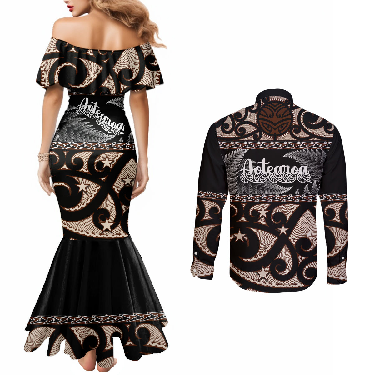 kia-ora-new-zealand-couples-matching-mermaid-dress-and-long-sleeve-button-shirt-aotearoa-proud-maori-with-silver-fern