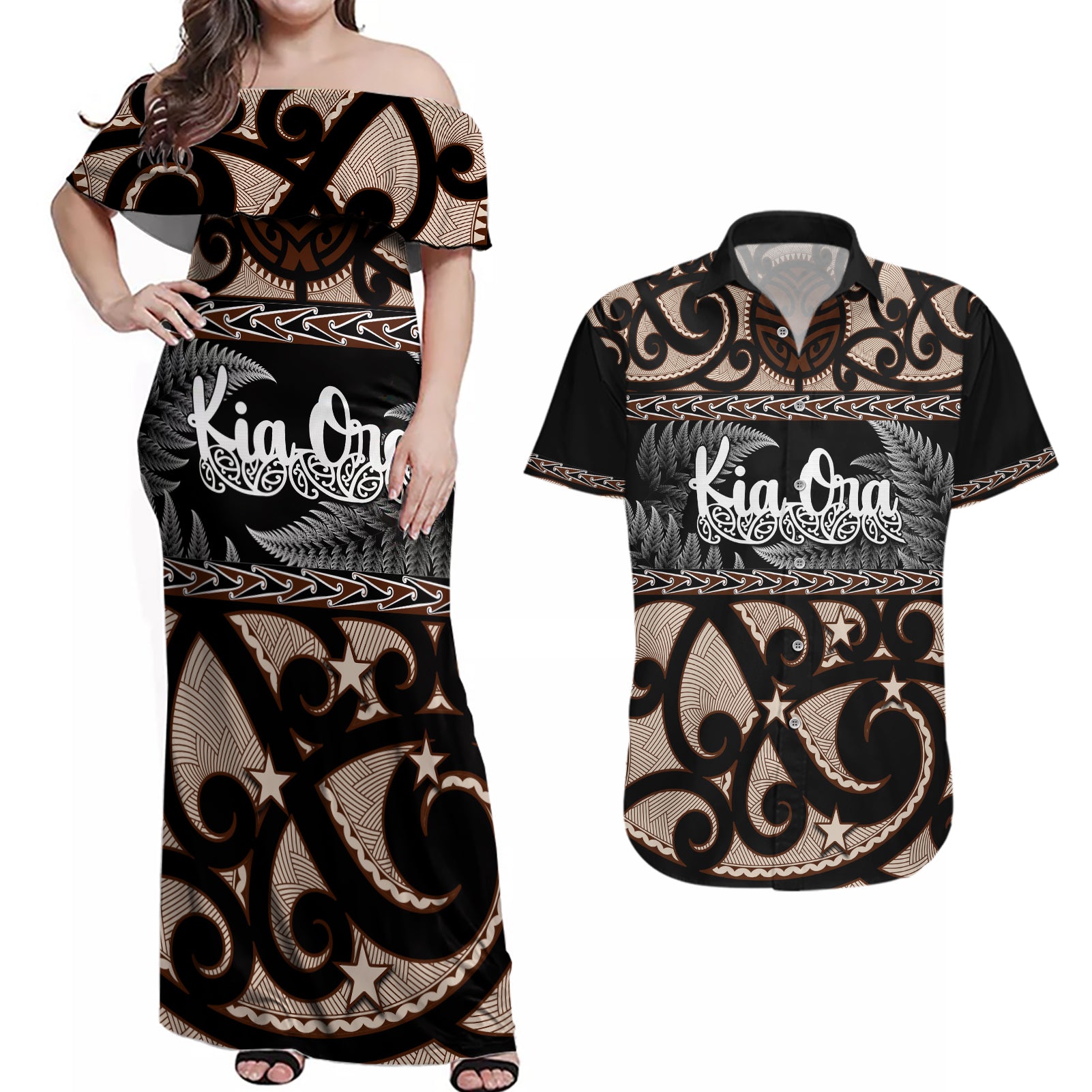 kia-ora-new-zealand-couples-matching-off-shoulder-maxi-dress-and-hawaiian-shirt-aotearoa-proud-maori-with-silver-fern