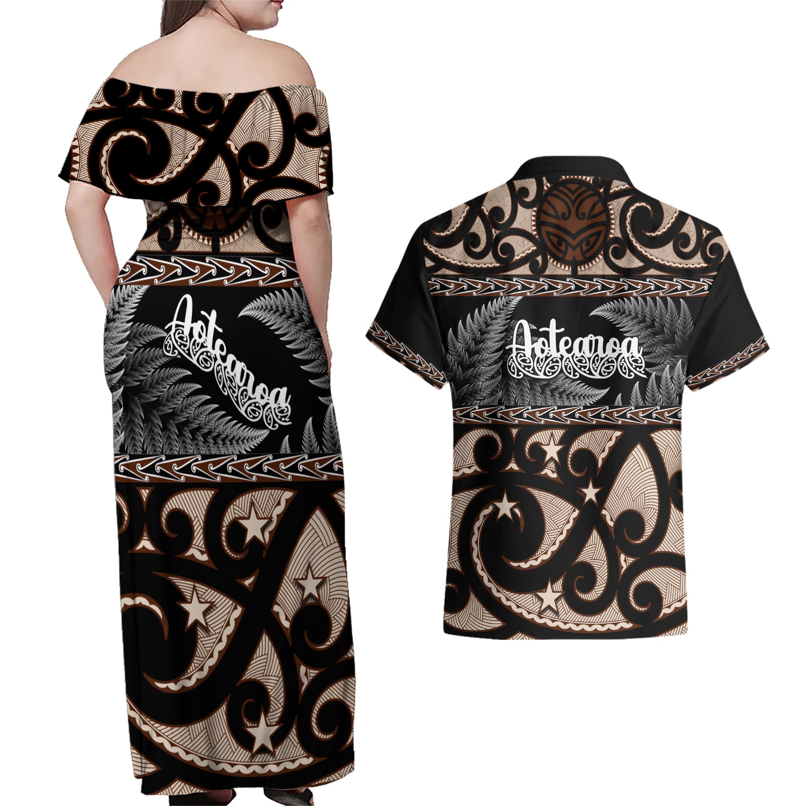 kia-ora-new-zealand-couples-matching-off-shoulder-maxi-dress-and-hawaiian-shirt-aotearoa-proud-maori-with-silver-fern