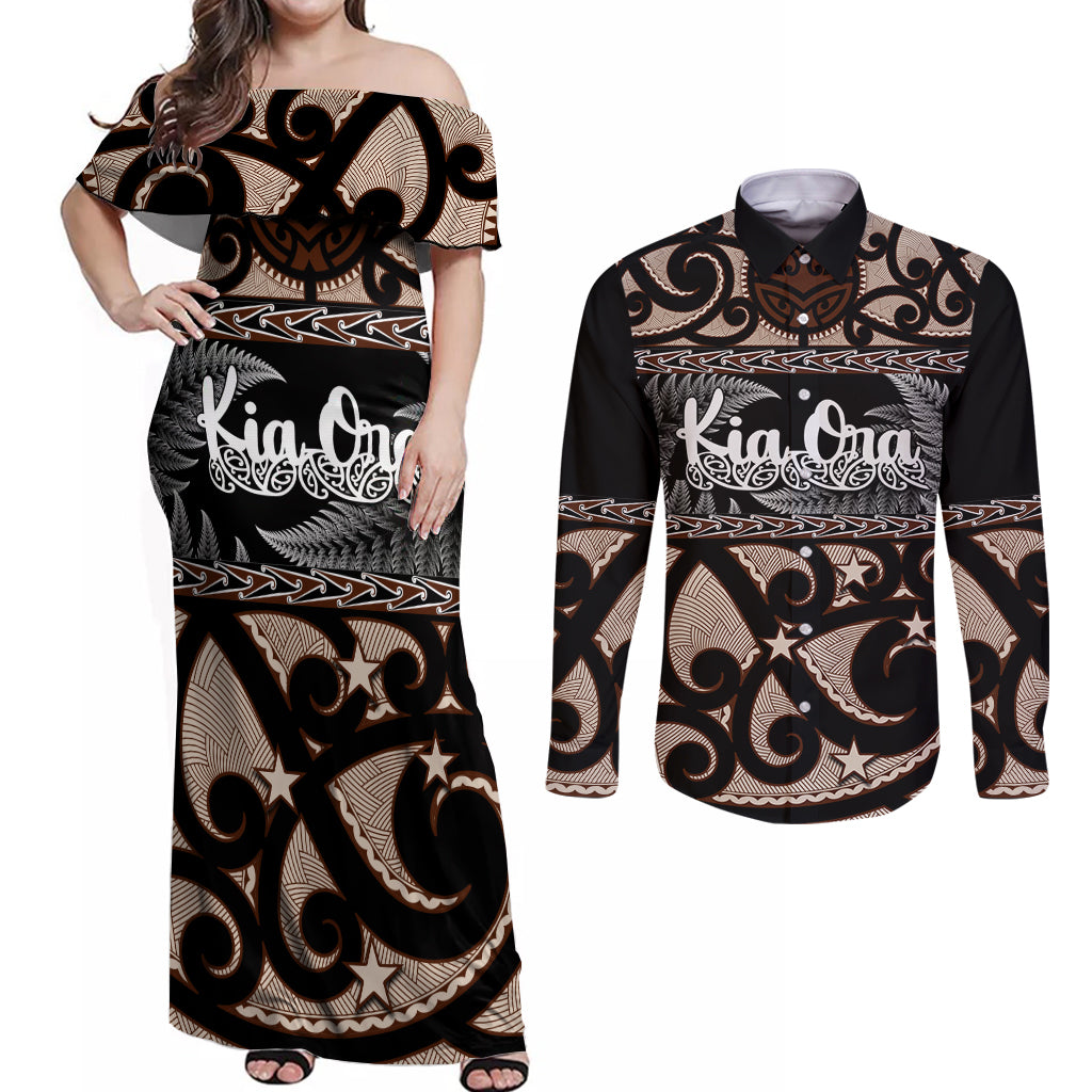 kia-ora-new-zealand-couples-matching-off-shoulder-maxi-dress-and-long-sleeve-button-shirt-aotearoa-proud-maori-with-silver-fern