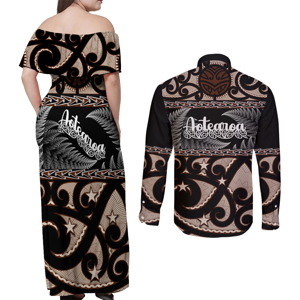 kia-ora-new-zealand-couples-matching-off-shoulder-maxi-dress-and-long-sleeve-button-shirt-aotearoa-proud-maori-with-silver-fern