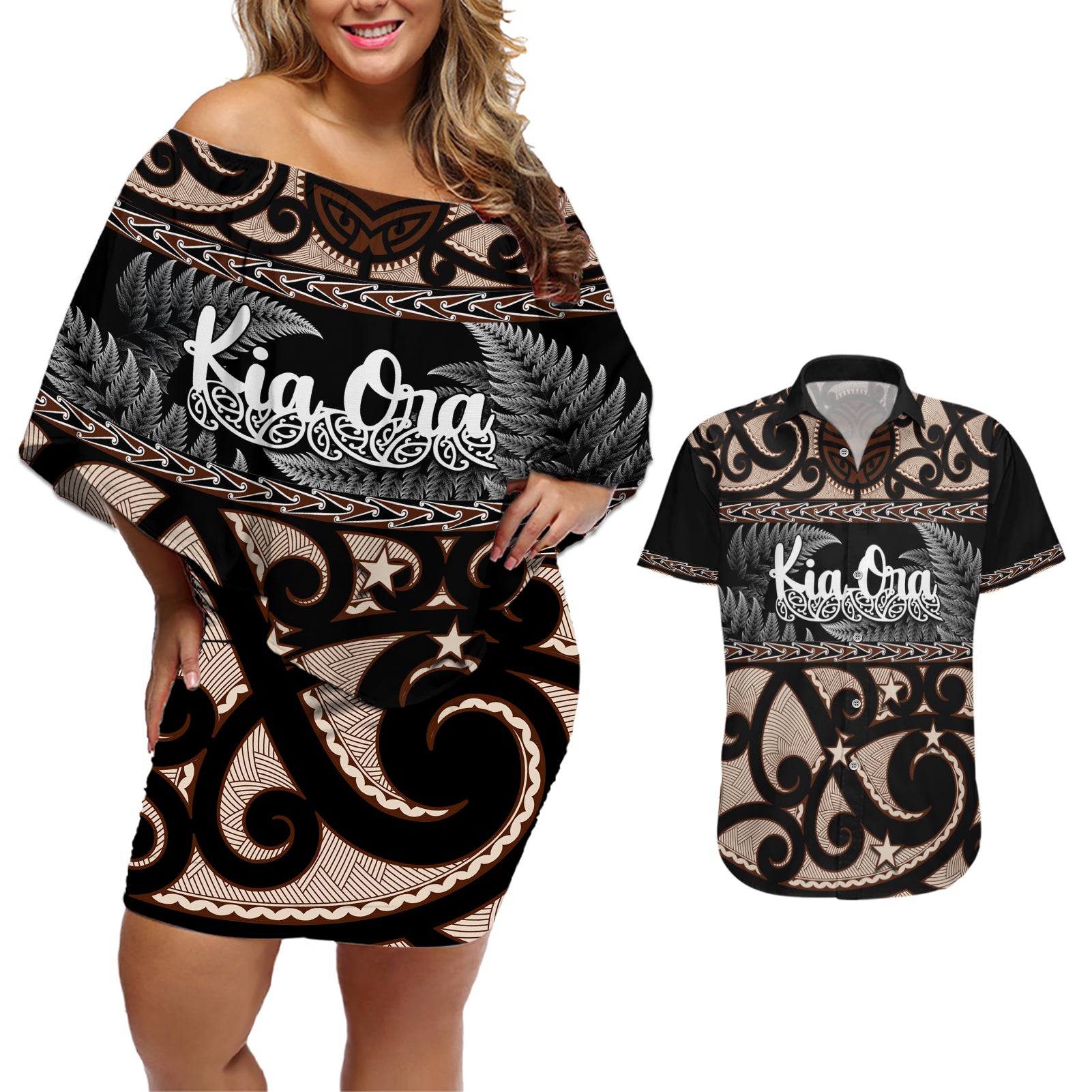 kia-ora-new-zealand-couples-matching-off-shoulder-short-dress-and-hawaiian-shirt-aotearoa-proud-maori-with-silver-fern