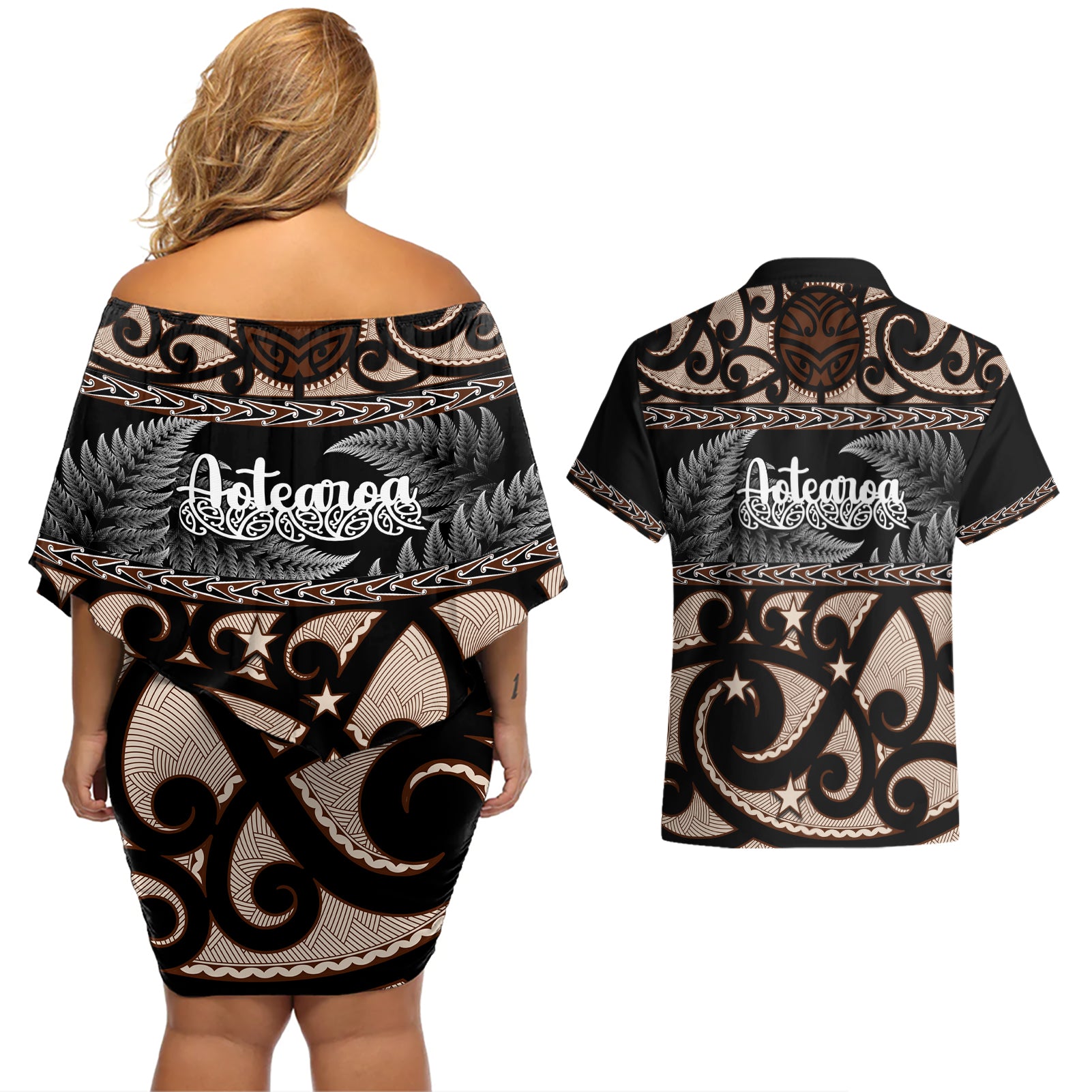 kia-ora-new-zealand-couples-matching-off-shoulder-short-dress-and-hawaiian-shirt-aotearoa-proud-maori-with-silver-fern