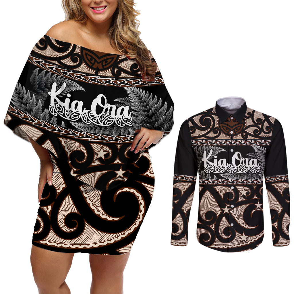 kia-ora-new-zealand-couples-matching-off-shoulder-short-dress-and-long-sleeve-button-shirt-aotearoa-proud-maori-with-silver-fern