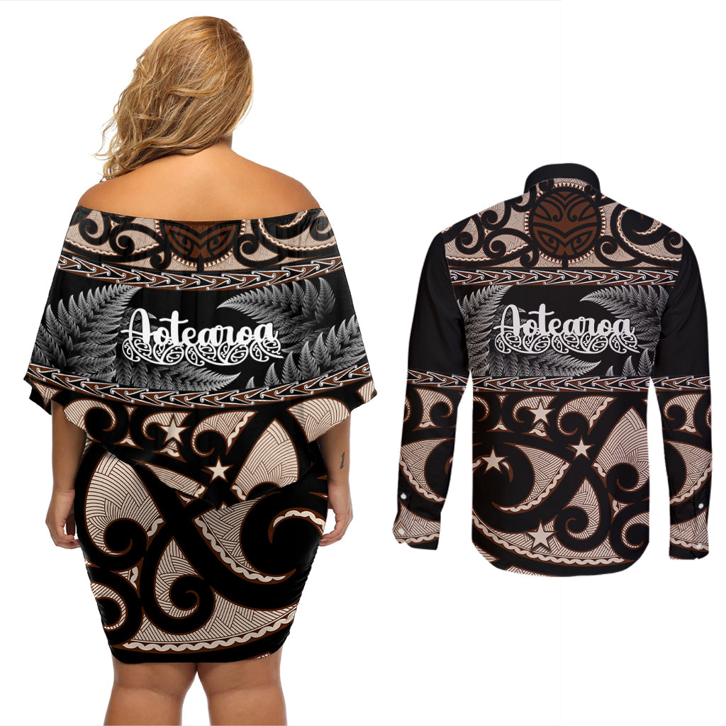 kia-ora-new-zealand-couples-matching-off-shoulder-short-dress-and-long-sleeve-button-shirt-aotearoa-proud-maori-with-silver-fern