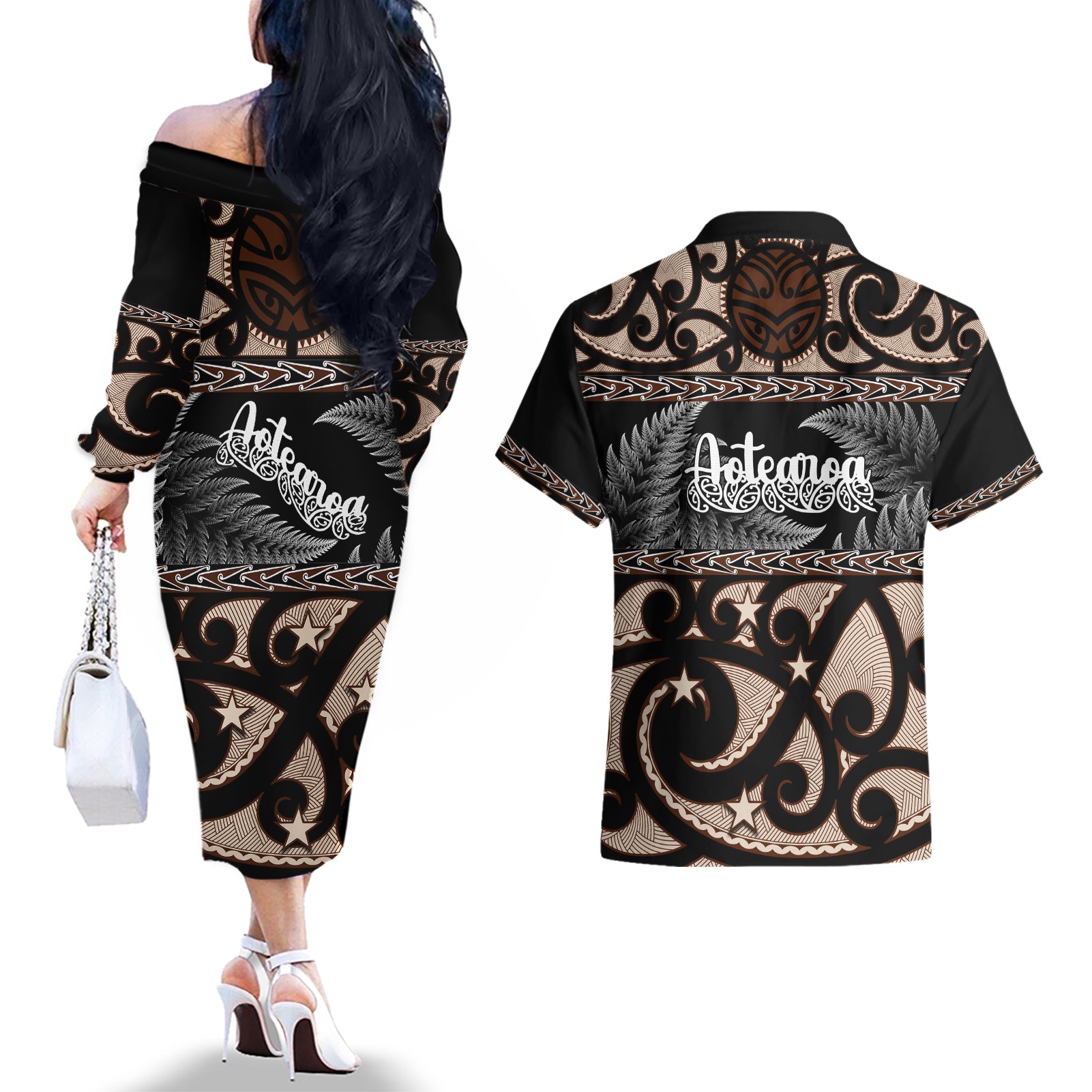 kia-ora-new-zealand-couples-matching-off-the-shoulder-long-sleeve-dress-and-hawaiian-shirt-aotearoa-proud-maori-with-silver-fern