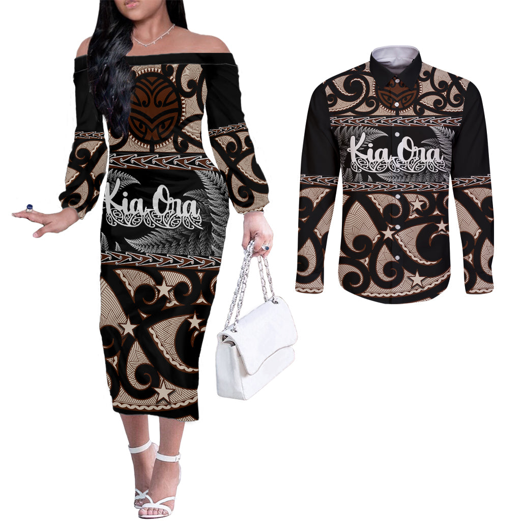 kia-ora-new-zealand-couples-matching-off-the-shoulder-long-sleeve-dress-and-long-sleeve-button-shirt-aotearoa-proud-maori-with-silver-fern