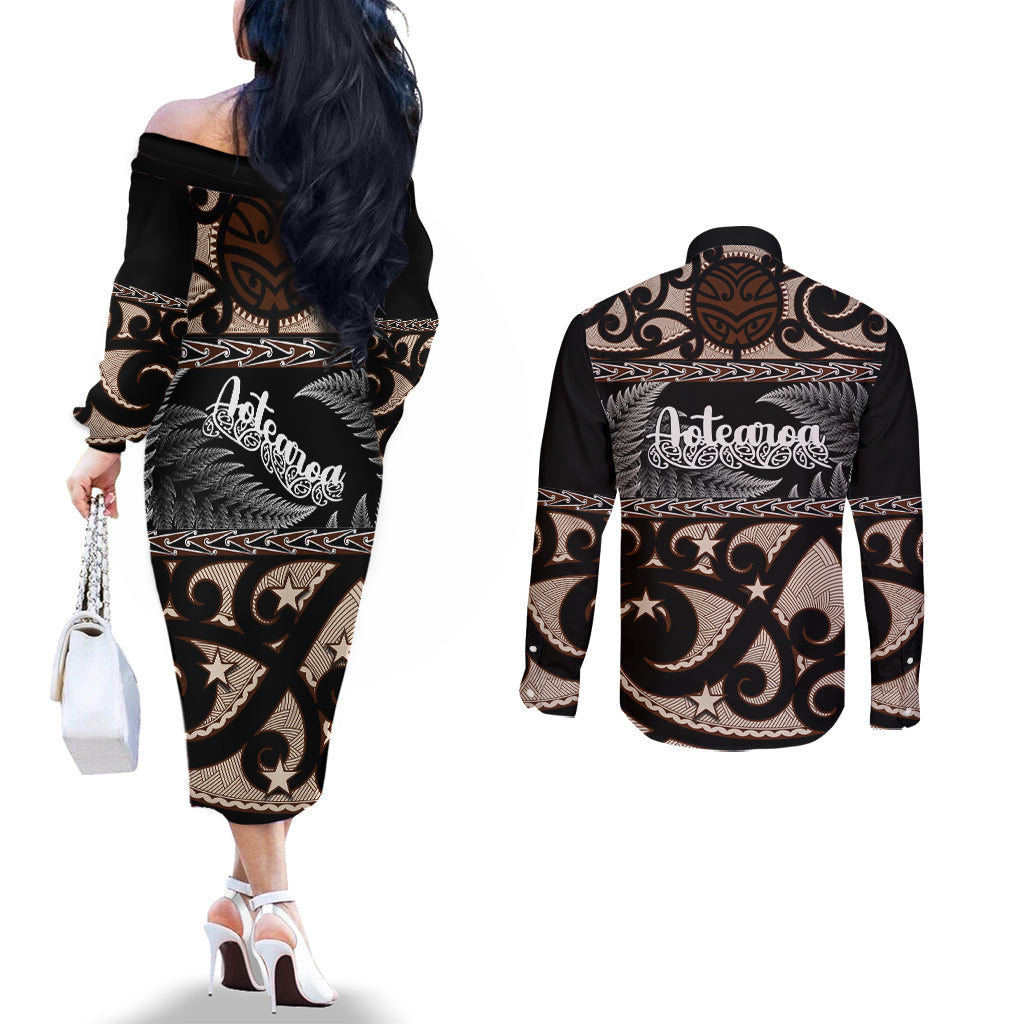 kia-ora-new-zealand-couples-matching-off-the-shoulder-long-sleeve-dress-and-long-sleeve-button-shirt-aotearoa-proud-maori-with-silver-fern