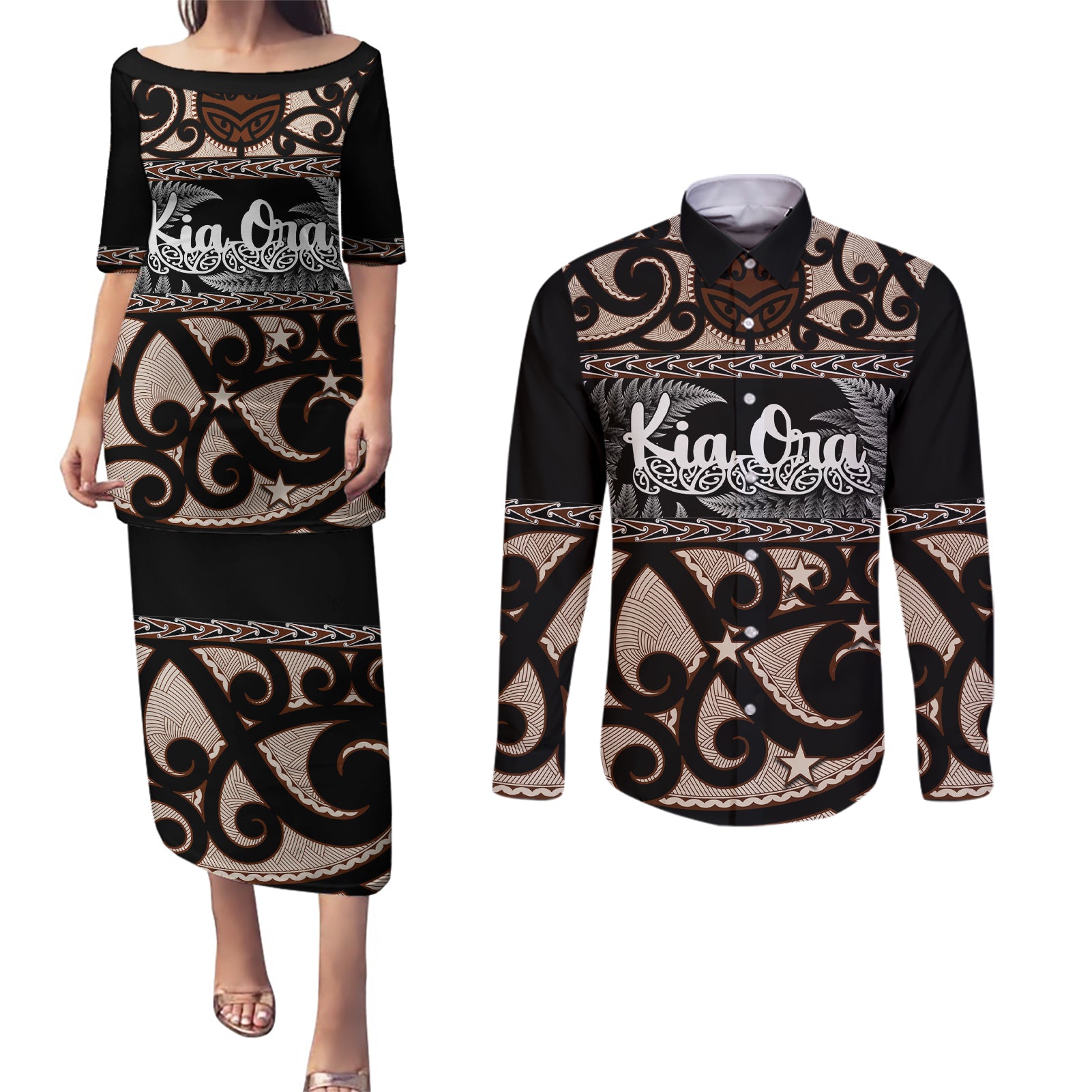 kia-ora-new-zealand-couples-matching-puletasi-dress-and-long-sleeve-button-shirt-aotearoa-proud-maori-with-silver-fern