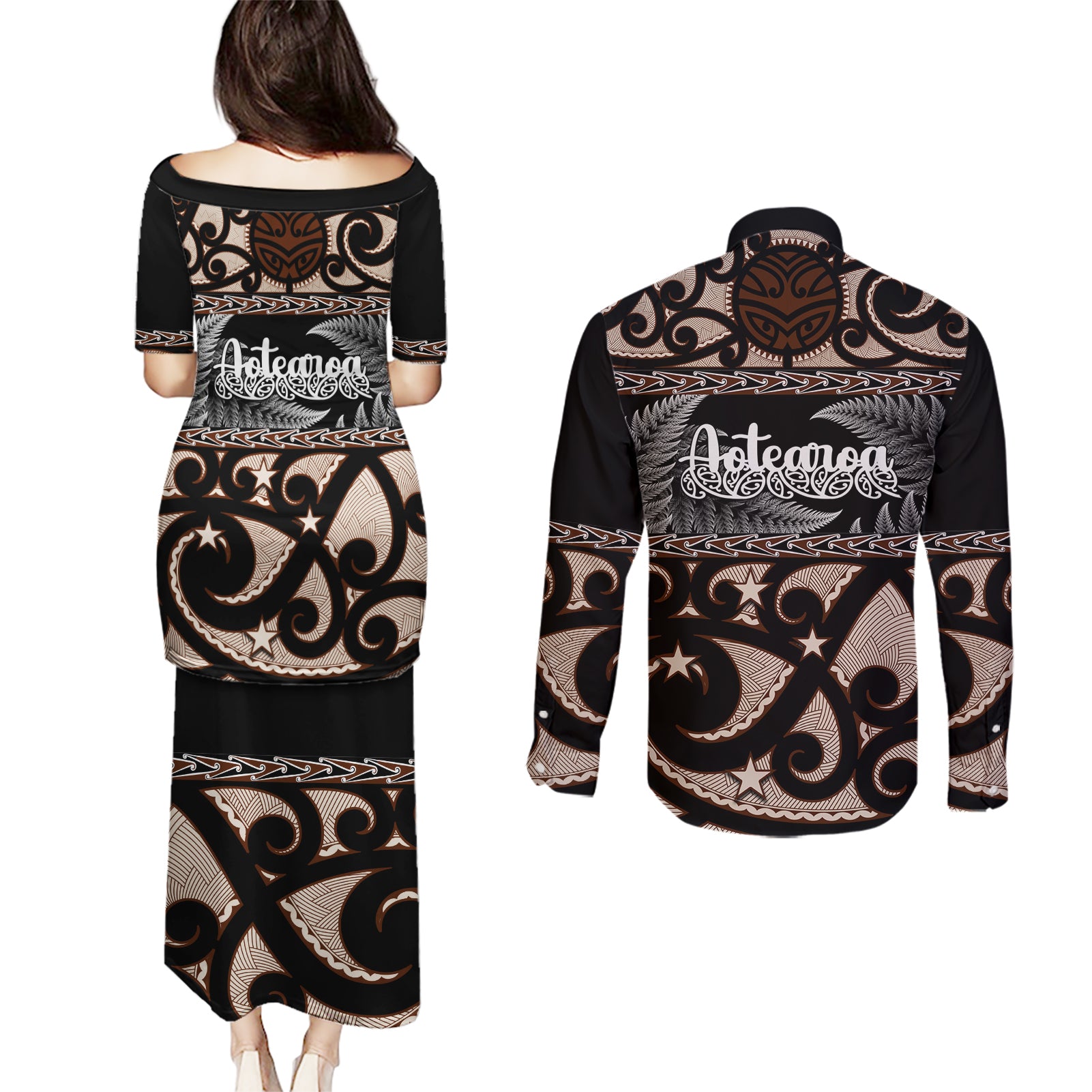 kia-ora-new-zealand-couples-matching-puletasi-dress-and-long-sleeve-button-shirt-aotearoa-proud-maori-with-silver-fern