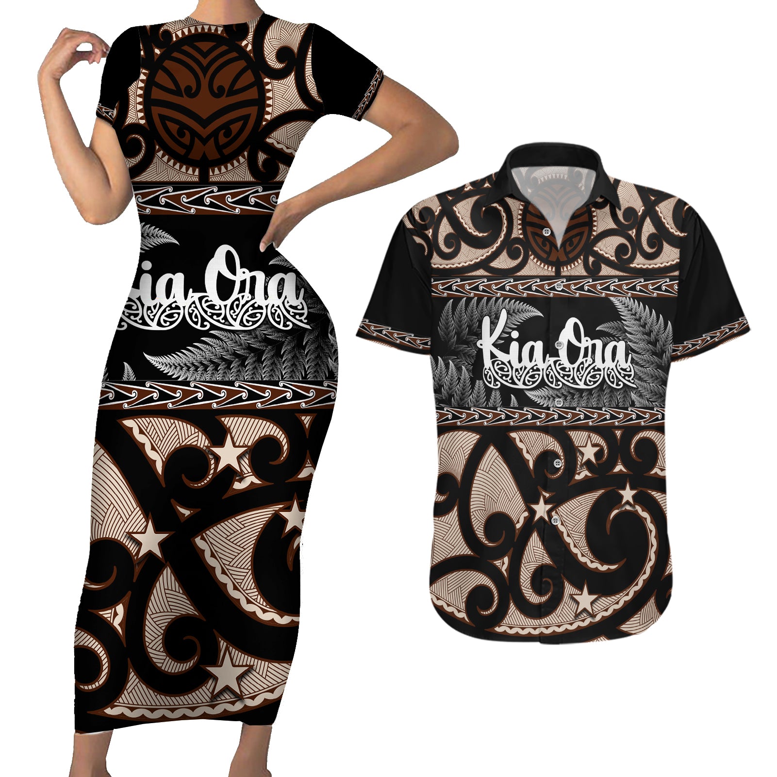 kia-ora-new-zealand-couples-matching-short-sleeve-bodycon-dress-and-hawaiian-shirt-aotearoa-proud-maori-with-silver-fern