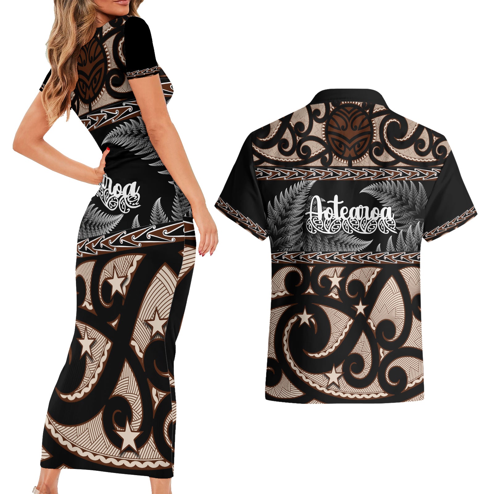 kia-ora-new-zealand-couples-matching-short-sleeve-bodycon-dress-and-hawaiian-shirt-aotearoa-proud-maori-with-silver-fern