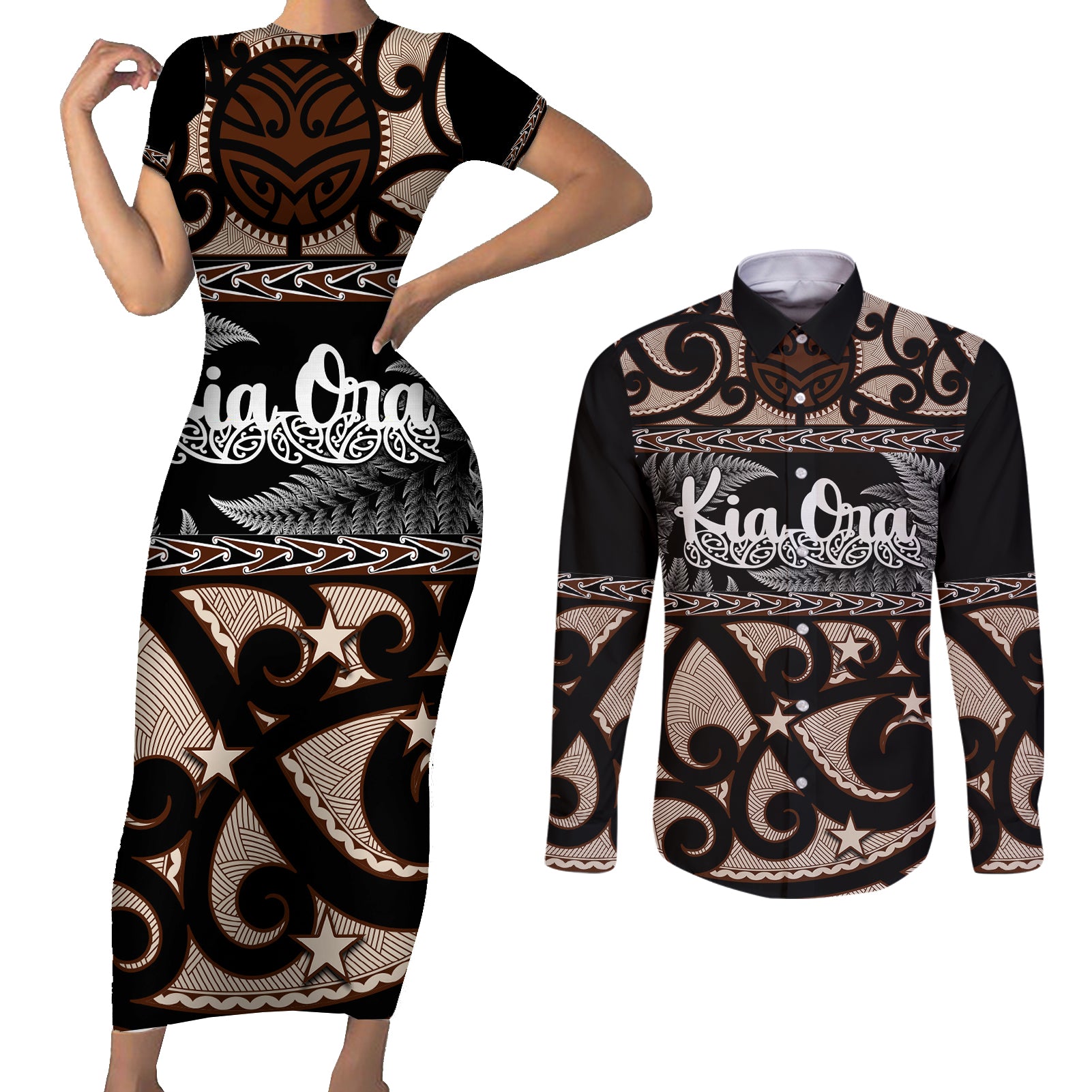 kia-ora-new-zealand-couples-matching-short-sleeve-bodycon-dress-and-long-sleeve-button-shirt-aotearoa-proud-maori-with-silver-fern