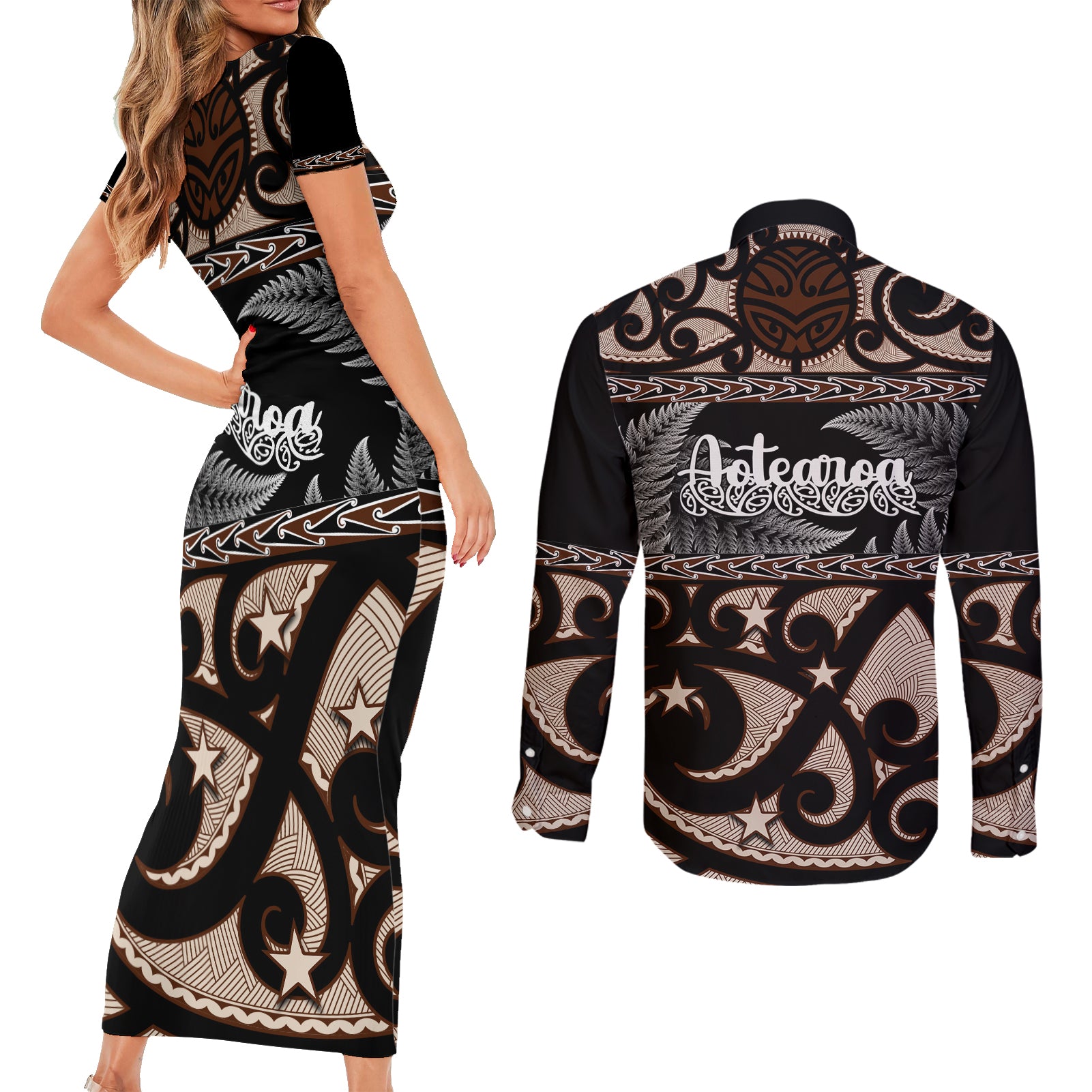 kia-ora-new-zealand-couples-matching-short-sleeve-bodycon-dress-and-long-sleeve-button-shirt-aotearoa-proud-maori-with-silver-fern