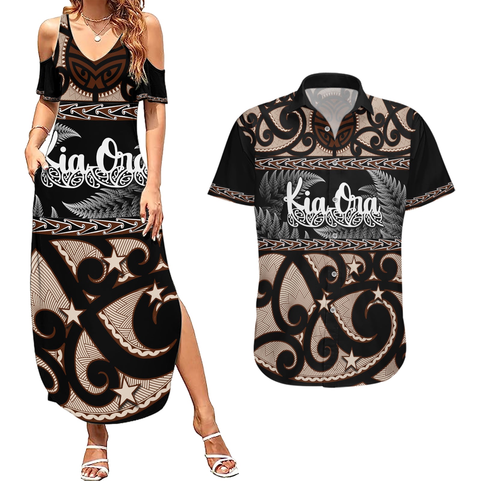 kia-ora-new-zealand-couples-matching-summer-maxi-dress-and-hawaiian-shirt-aotearoa-proud-maori-with-silver-fern