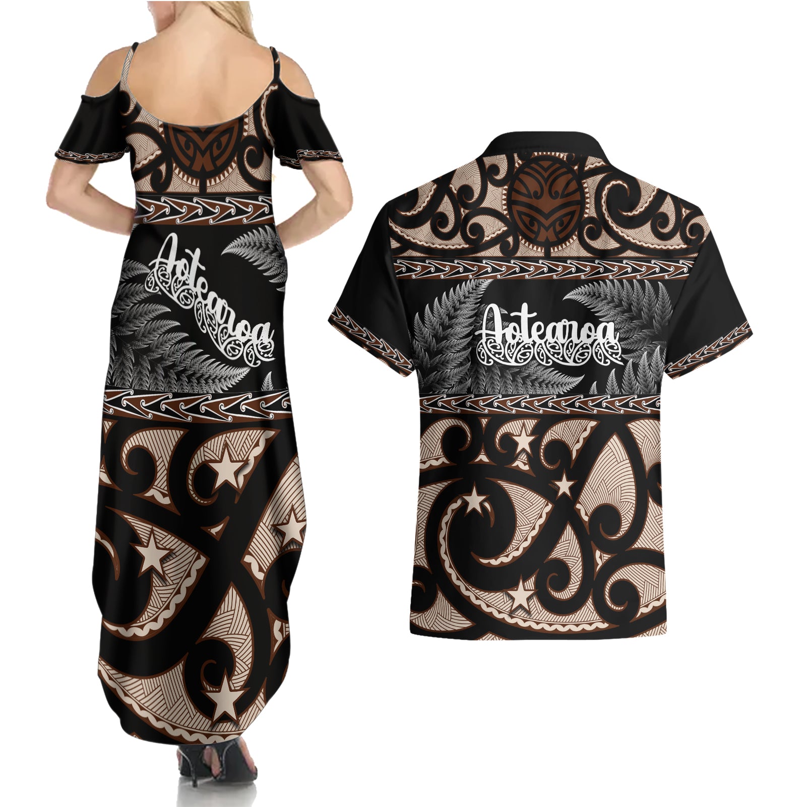 kia-ora-new-zealand-couples-matching-summer-maxi-dress-and-hawaiian-shirt-aotearoa-proud-maori-with-silver-fern