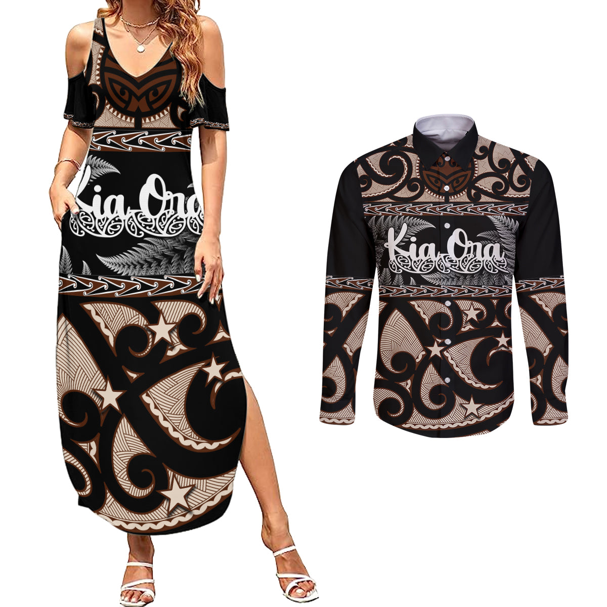 kia-ora-new-zealand-couples-matching-summer-maxi-dress-and-long-sleeve-button-shirt-aotearoa-proud-maori-with-silver-fern