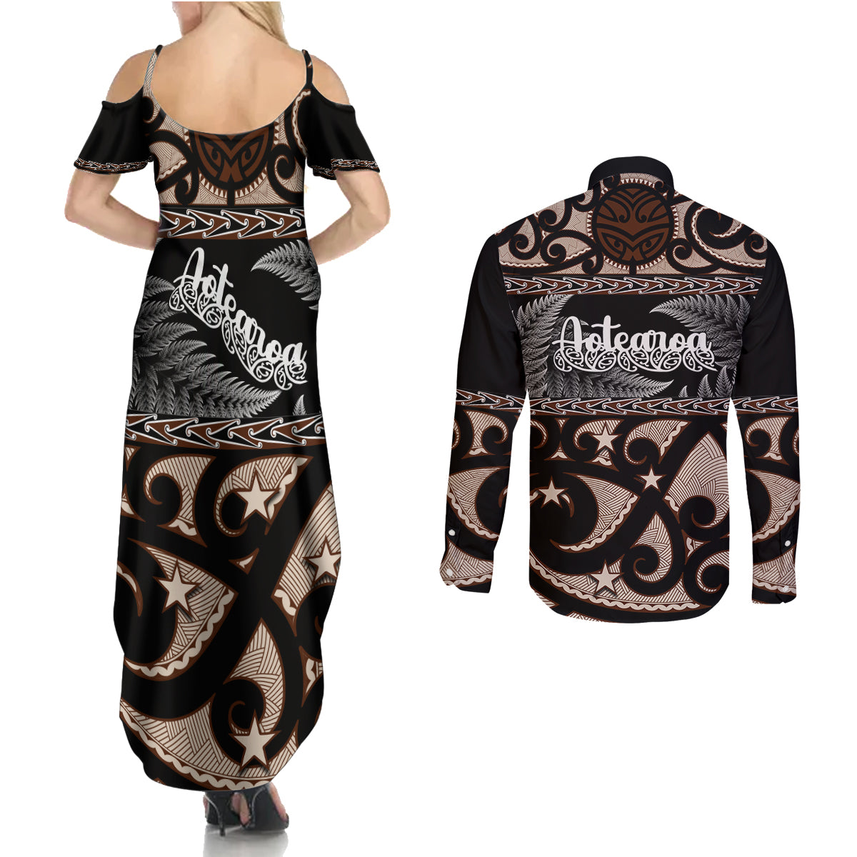 kia-ora-new-zealand-couples-matching-summer-maxi-dress-and-long-sleeve-button-shirt-aotearoa-proud-maori-with-silver-fern