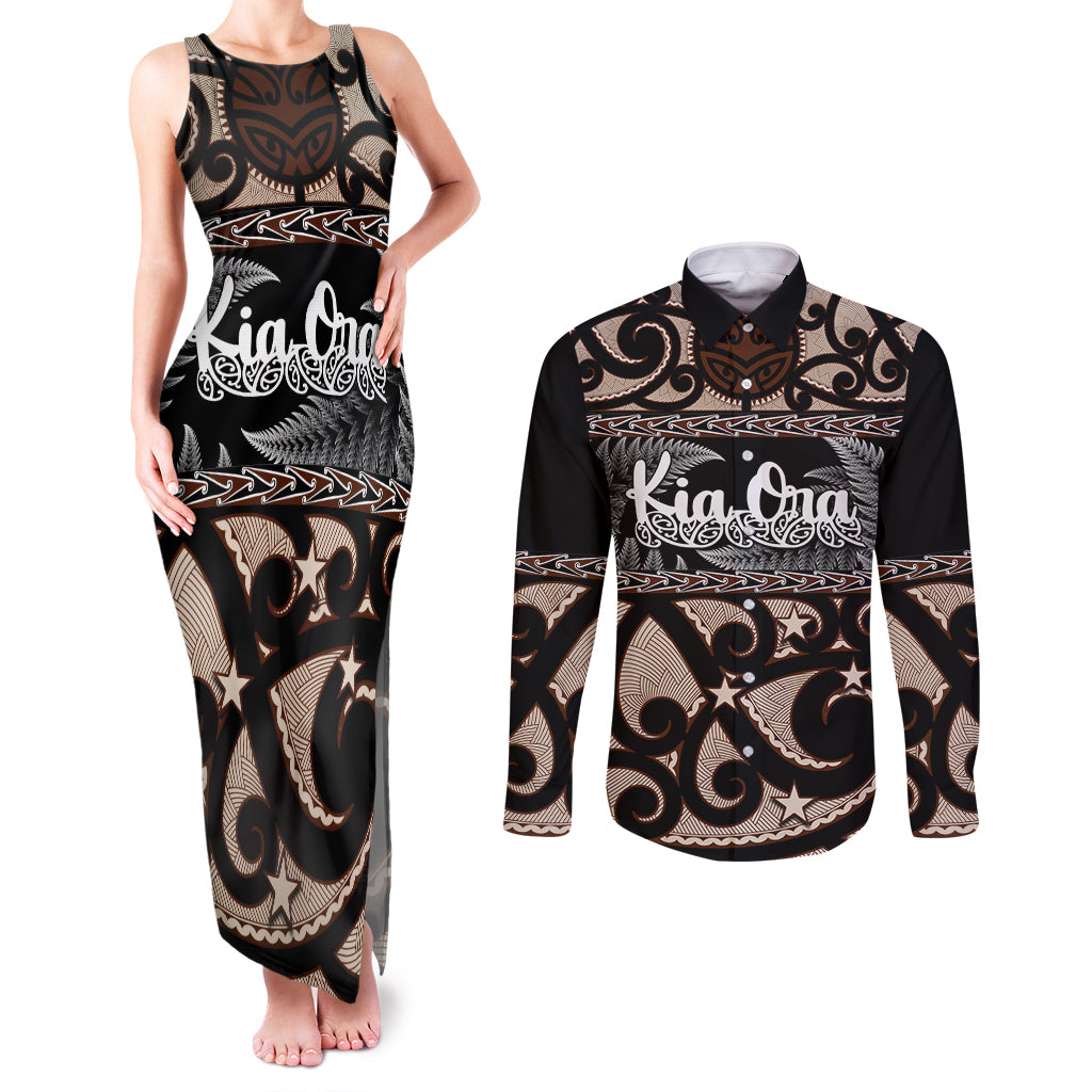 kia-ora-new-zealand-couples-matching-tank-maxi-dress-and-long-sleeve-button-shirt-aotearoa-proud-maori-with-silver-fern