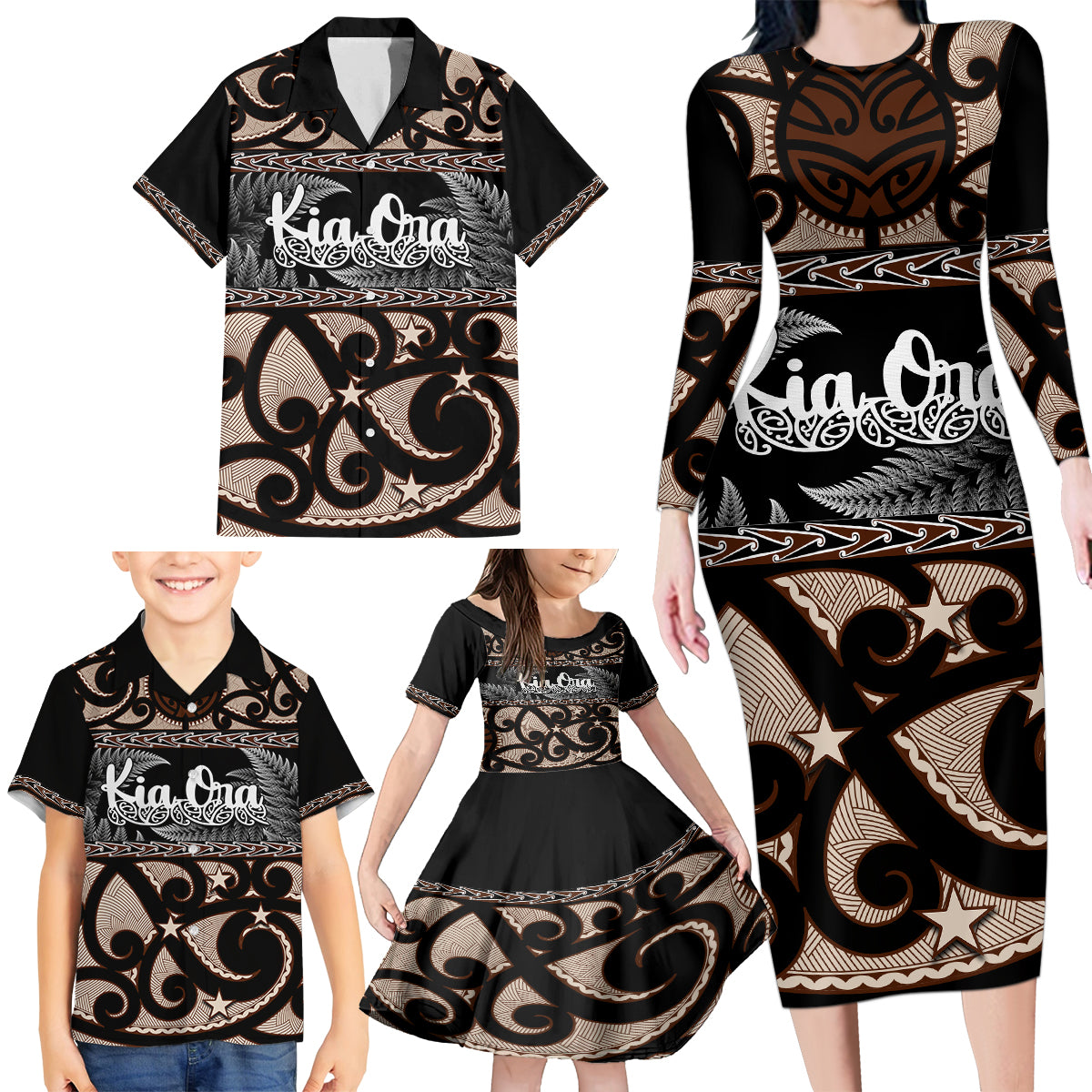 kia-ora-new-zealand-family-matching-long-sleeve-bodycon-dress-and-hawaiian-shirt-aotearoa-proud-maori-with-silver-fern