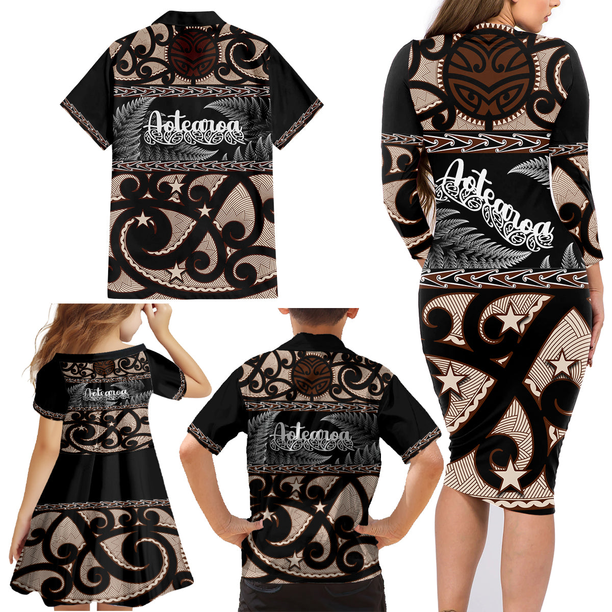 kia-ora-new-zealand-family-matching-long-sleeve-bodycon-dress-and-hawaiian-shirt-aotearoa-proud-maori-with-silver-fern