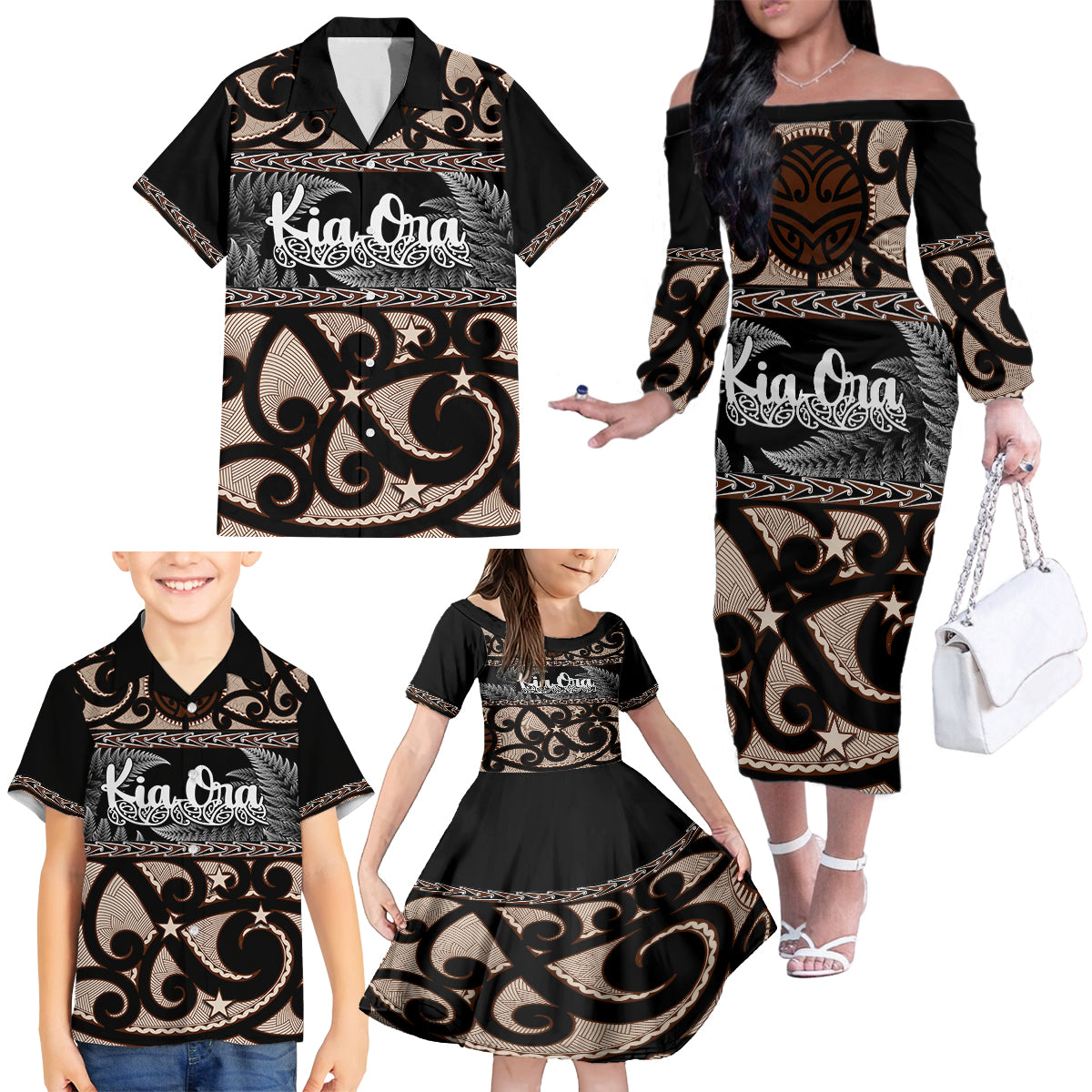 kia-ora-new-zealand-family-matching-off-shoulder-long-sleeve-dress-and-hawaiian-shirt-aotearoa-proud-maori-with-silver-fern