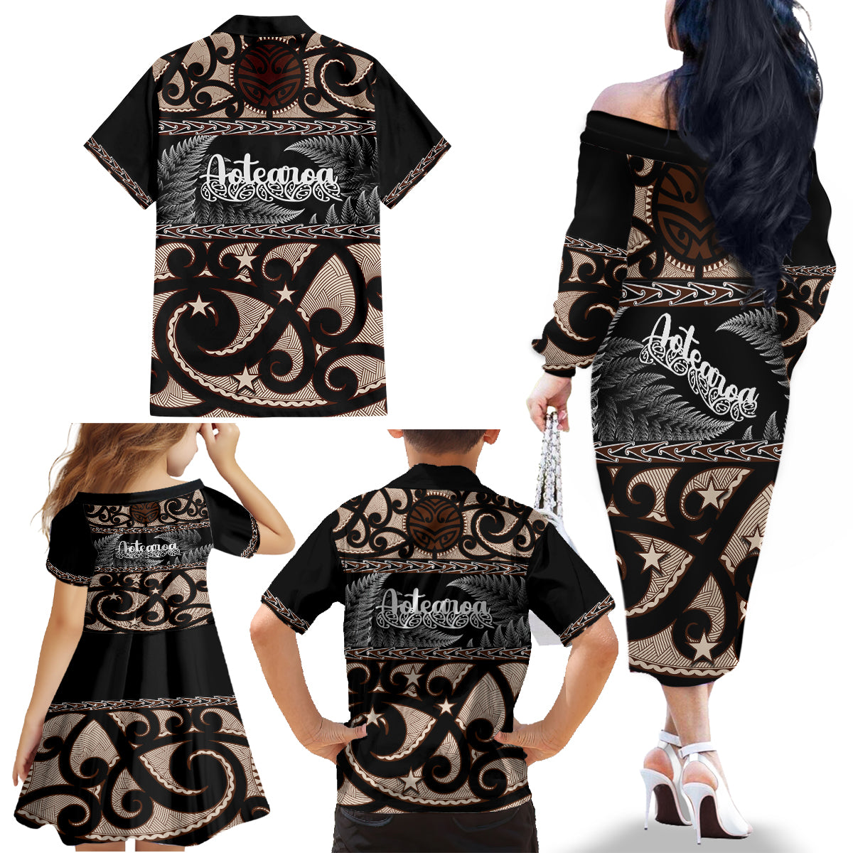 kia-ora-new-zealand-family-matching-off-shoulder-long-sleeve-dress-and-hawaiian-shirt-aotearoa-proud-maori-with-silver-fern