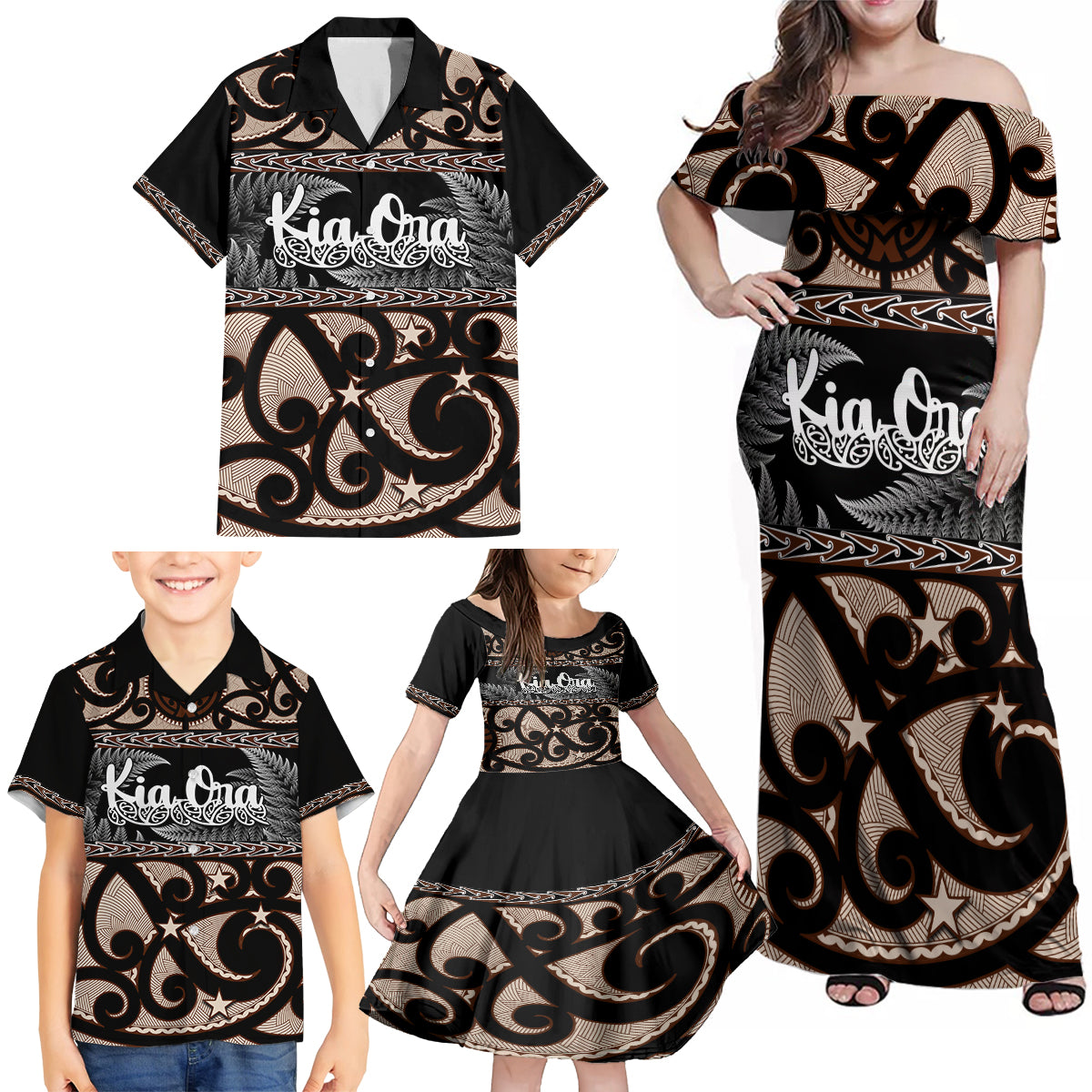 kia-ora-new-zealand-family-matching-off-shoulder-maxi-dress-and-hawaiian-shirt-aotearoa-proud-maori-with-silver-fern