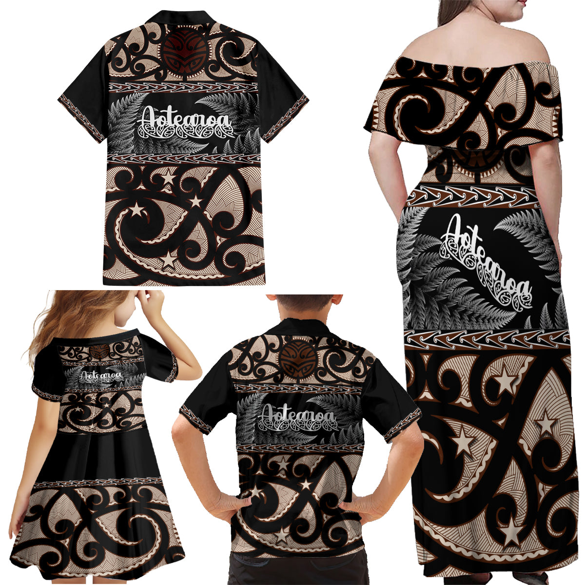 kia-ora-new-zealand-family-matching-off-shoulder-maxi-dress-and-hawaiian-shirt-aotearoa-proud-maori-with-silver-fern