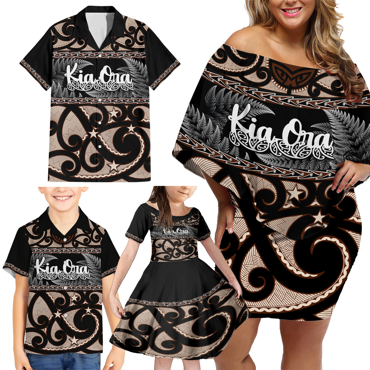 kia-ora-new-zealand-family-matching-off-shoulder-short-dress-and-hawaiian-shirt-aotearoa-proud-maori-with-silver-fern