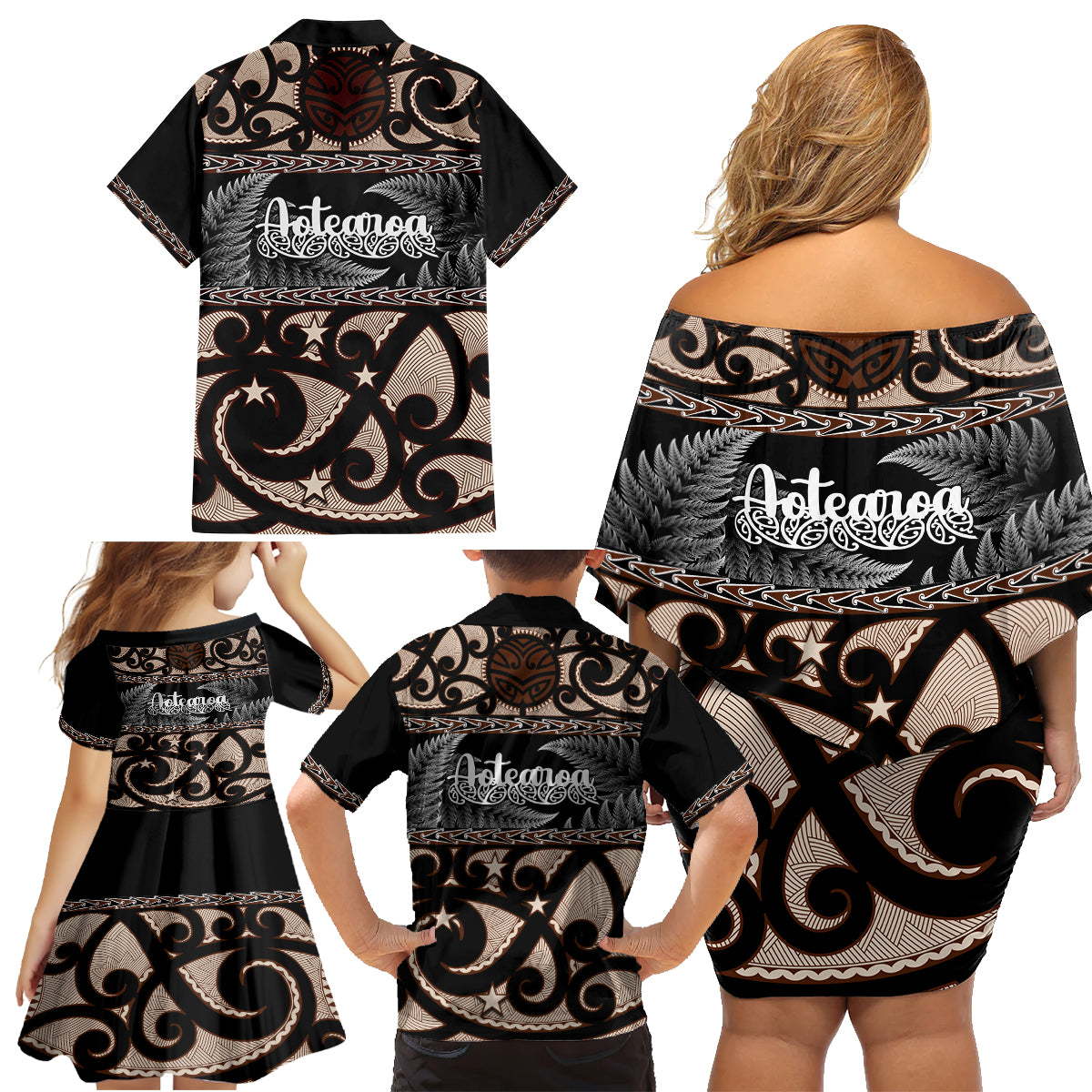 kia-ora-new-zealand-family-matching-off-shoulder-short-dress-and-hawaiian-shirt-aotearoa-proud-maori-with-silver-fern