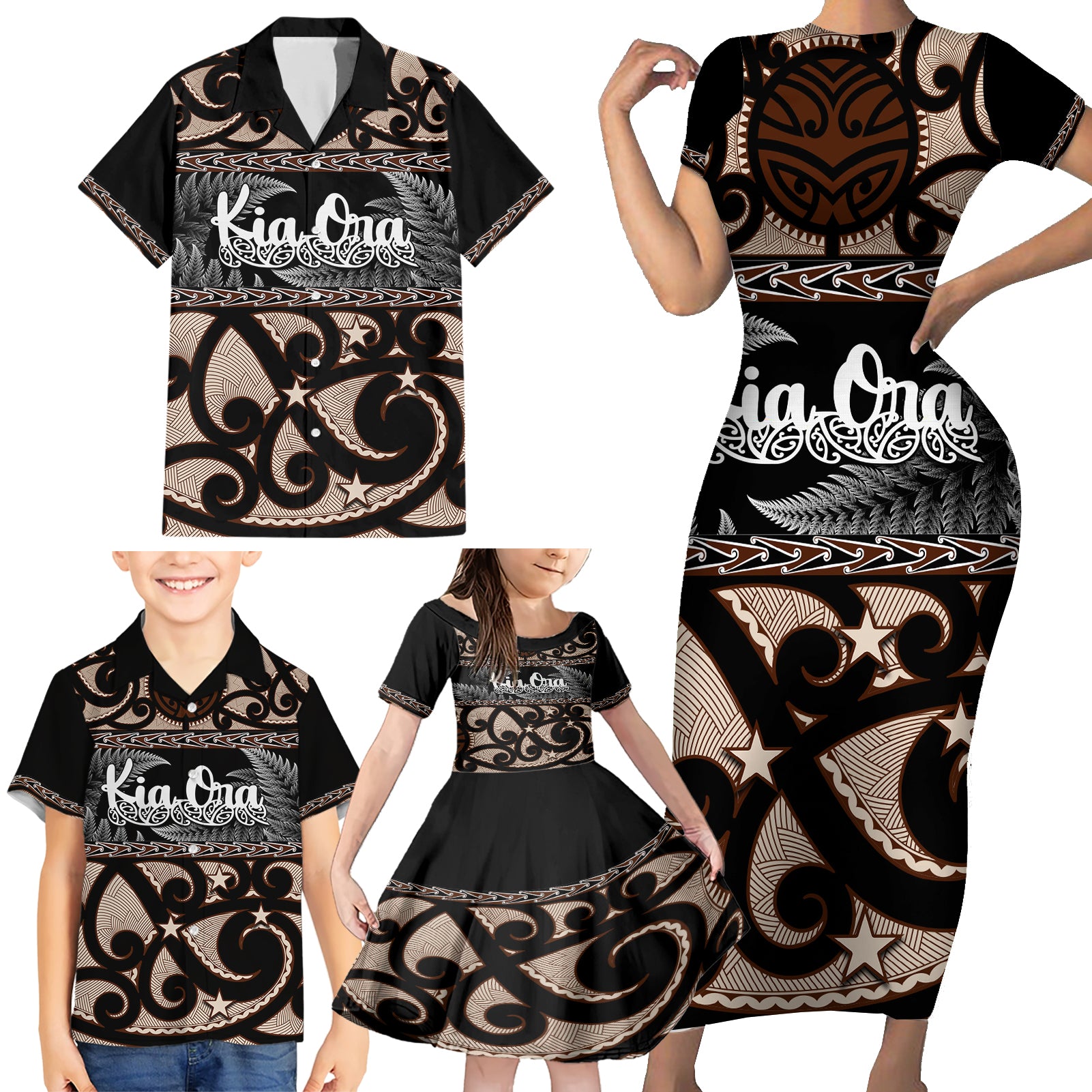 kia-ora-new-zealand-family-matching-short-sleeve-bodycon-dress-and-hawaiian-shirt-aotearoa-proud-maori-with-silver-fern