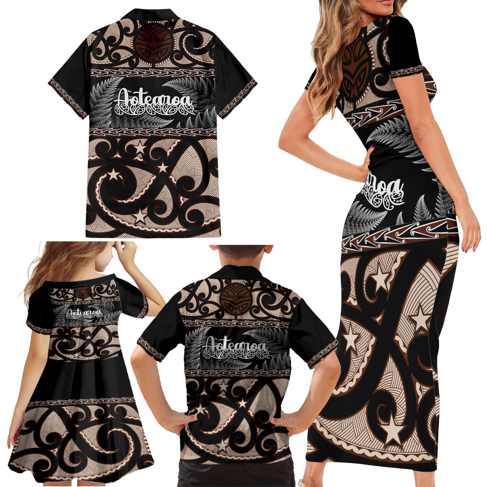 kia-ora-new-zealand-family-matching-short-sleeve-bodycon-dress-and-hawaiian-shirt-aotearoa-proud-maori-with-silver-fern