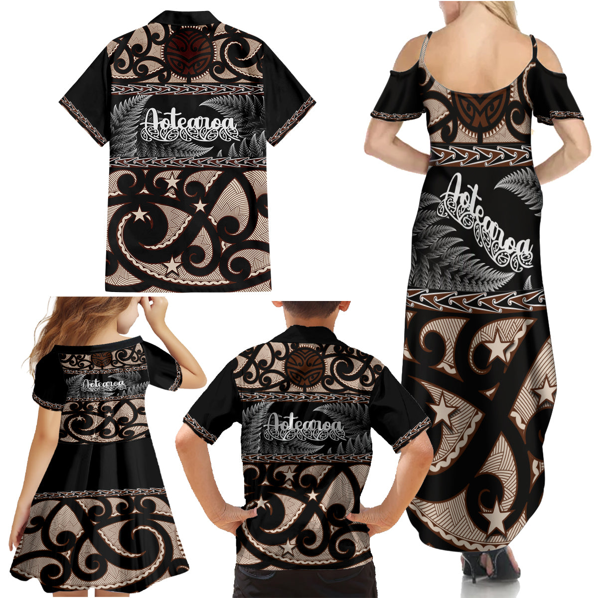 kia-ora-new-zealand-family-matching-summer-maxi-dress-and-hawaiian-shirt-aotearoa-proud-maori-with-silver-fern