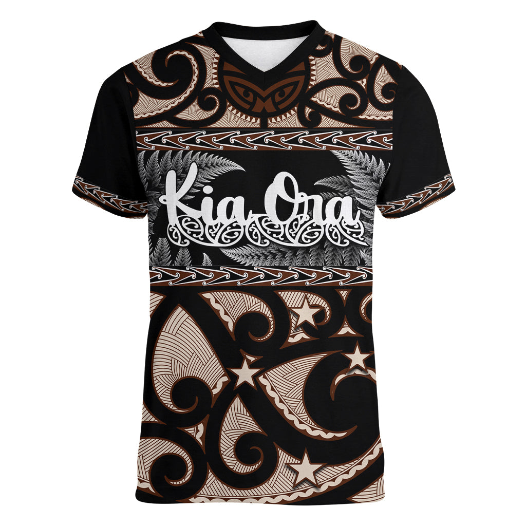 Kia Ora New Zealand Women V Neck T Shirt Aotearoa Proud Maori With Silver Fern - Vibe Hoodie Shop