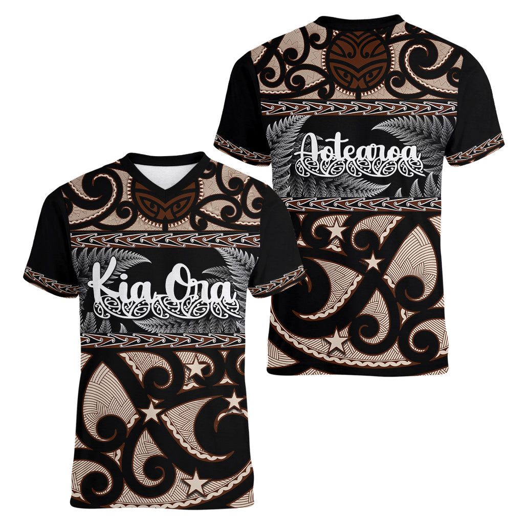 Kia Ora New Zealand Women V Neck T Shirt Aotearoa Proud Maori With Silver Fern - Vibe Hoodie Shop