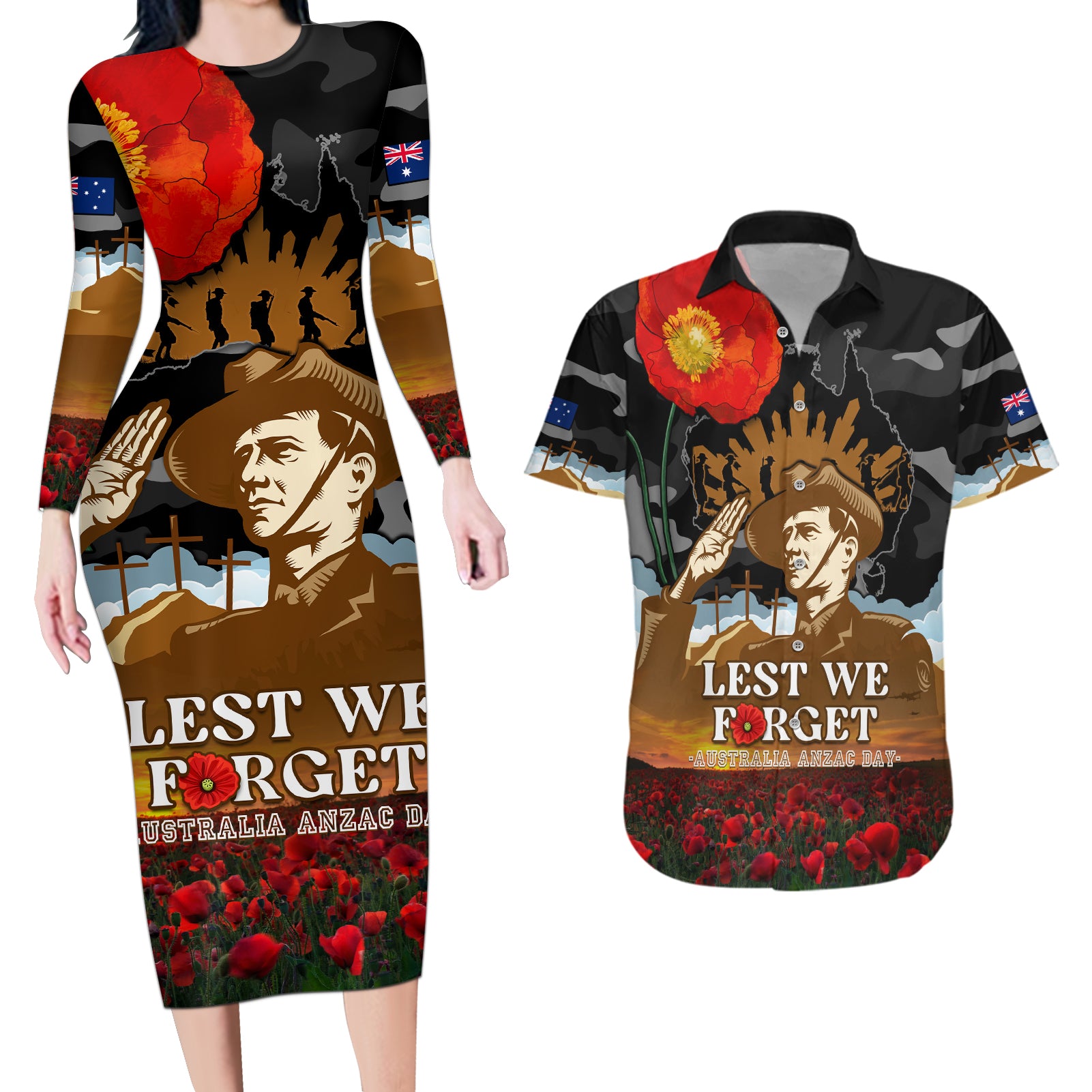 australia-anzac-day-couples-matching-long-sleeve-bodycon-dress-and-hawaiian-shirt-lest-we-forget-australian-army-corps