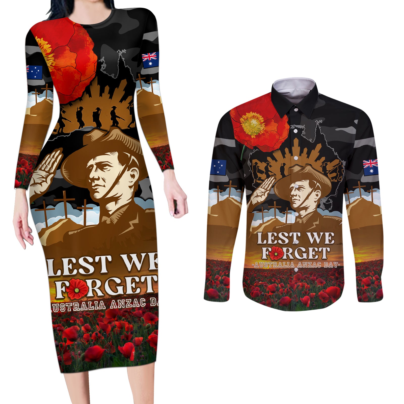 australia-anzac-day-couples-matching-long-sleeve-bodycon-dress-and-long-sleeve-button-shirt-lest-we-forget-australian-army-corps
