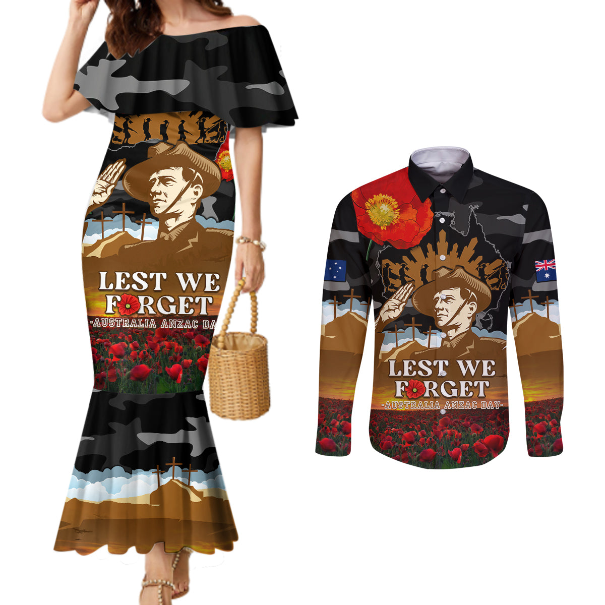 australia-anzac-day-couples-matching-mermaid-dress-and-long-sleeve-button-shirt-lest-we-forget-australian-army-corps