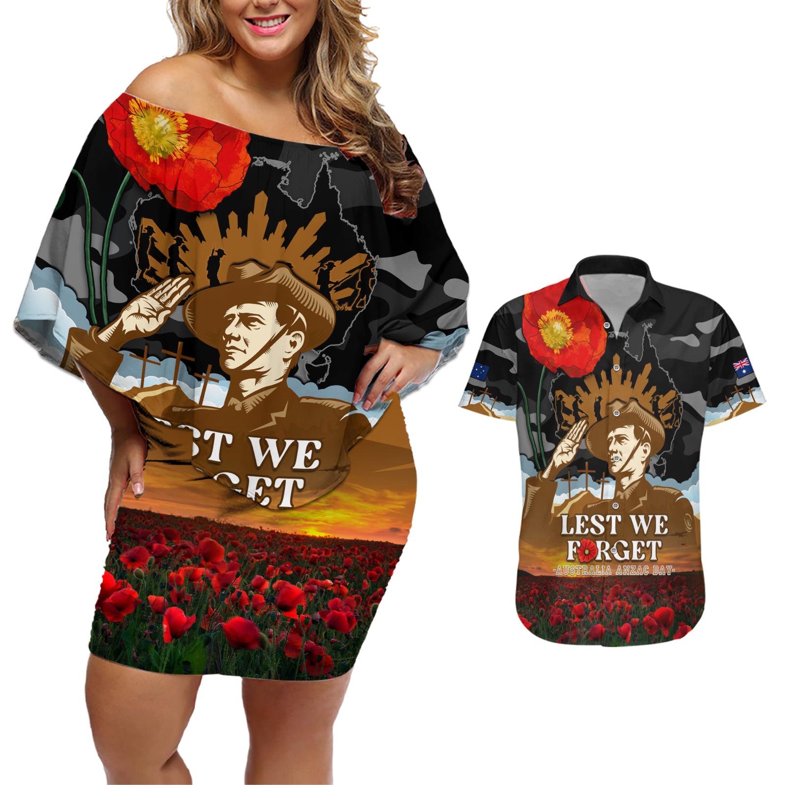 australia-anzac-day-couples-matching-off-shoulder-short-dress-and-hawaiian-shirt-lest-we-forget-australian-army-corps