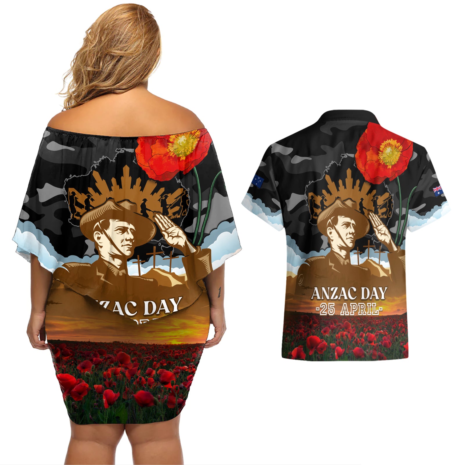 australia-anzac-day-couples-matching-off-shoulder-short-dress-and-hawaiian-shirt-lest-we-forget-australian-army-corps