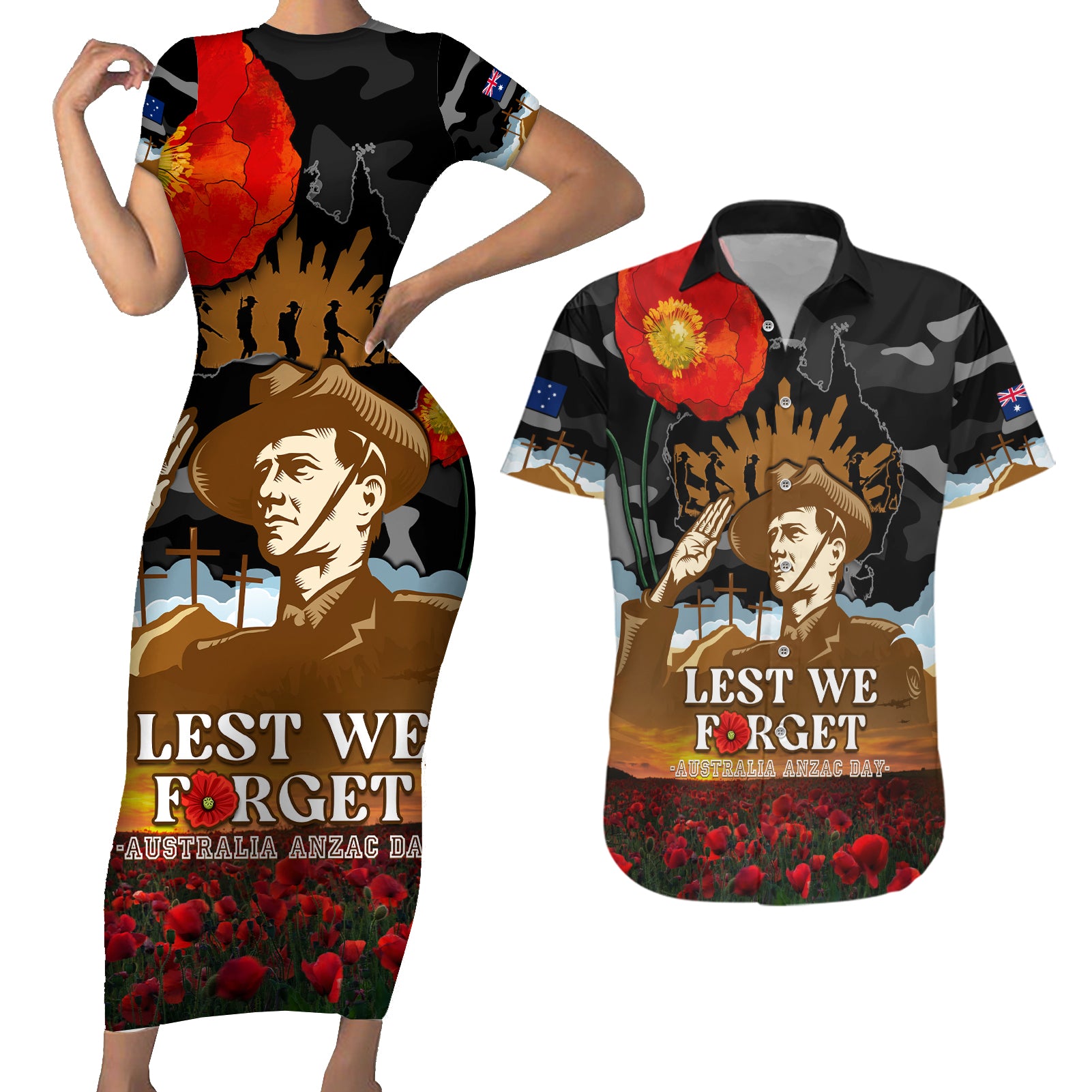 australia-anzac-day-couples-matching-short-sleeve-bodycon-dress-and-hawaiian-shirt-lest-we-forget-australian-army-corps