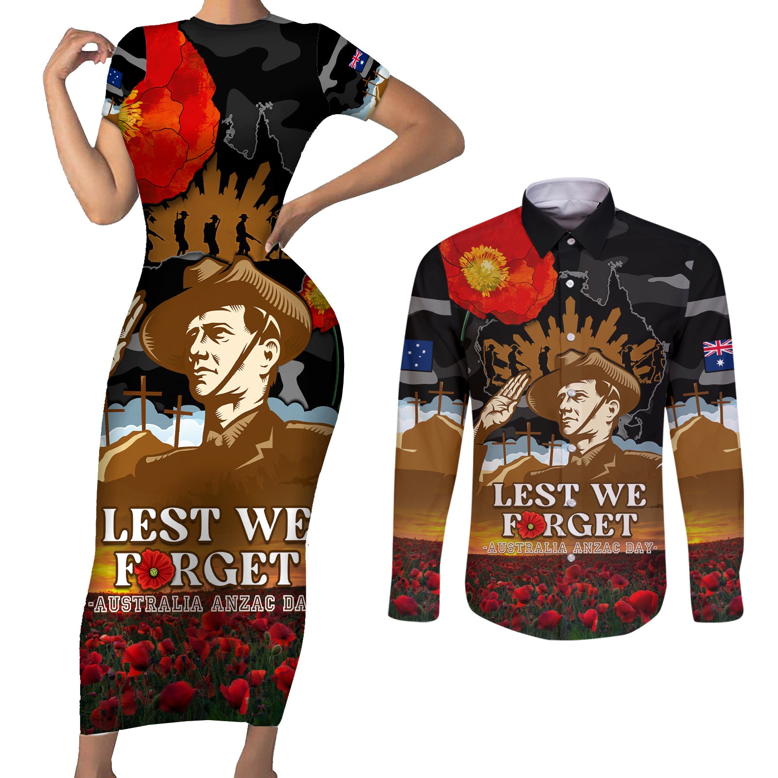 australia-anzac-day-couples-matching-short-sleeve-bodycon-dress-and-long-sleeve-button-shirt-lest-we-forget-australian-army-corps