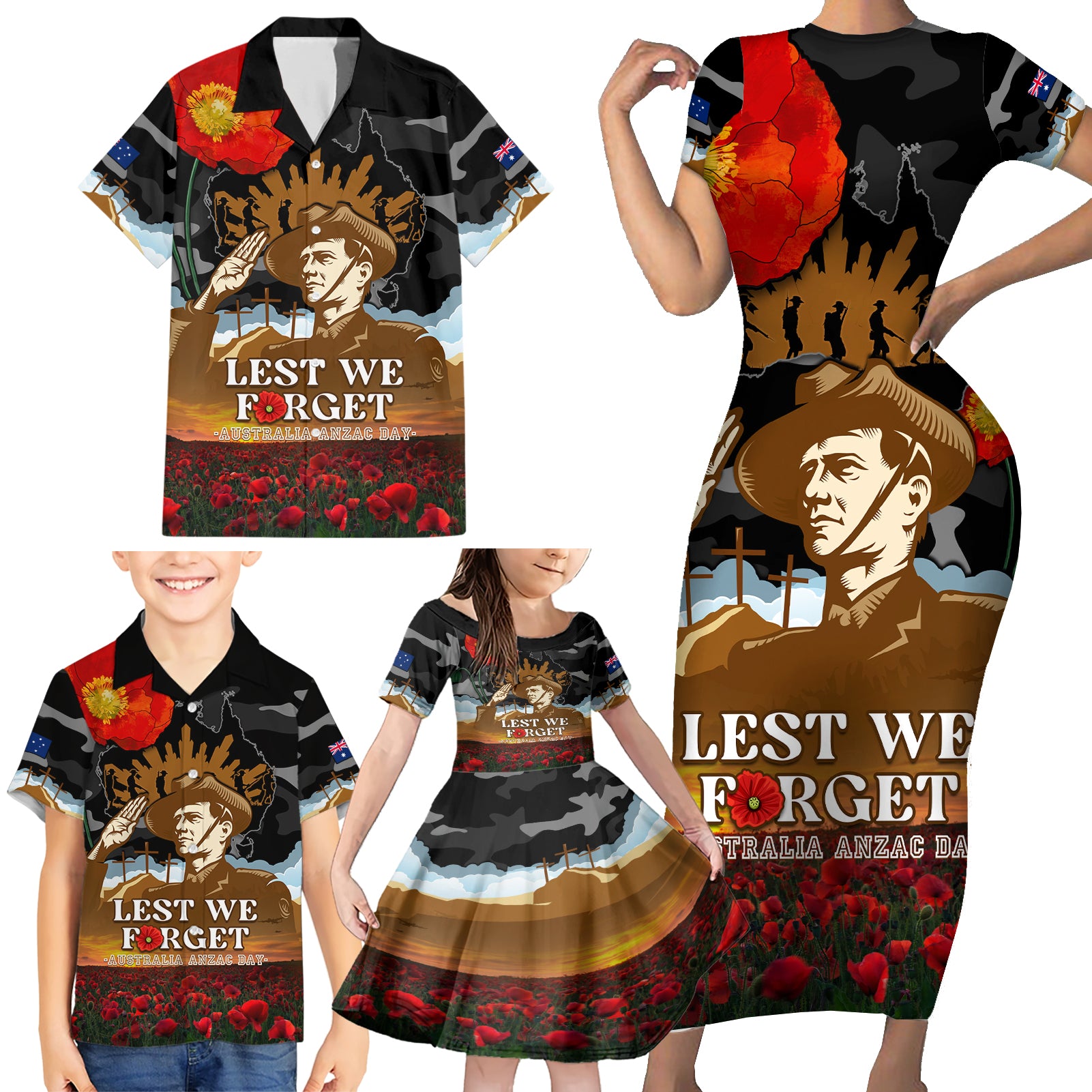 australia-anzac-day-family-matching-short-sleeve-bodycon-dress-and-hawaiian-shirt-lest-we-forget-australian-army-corps