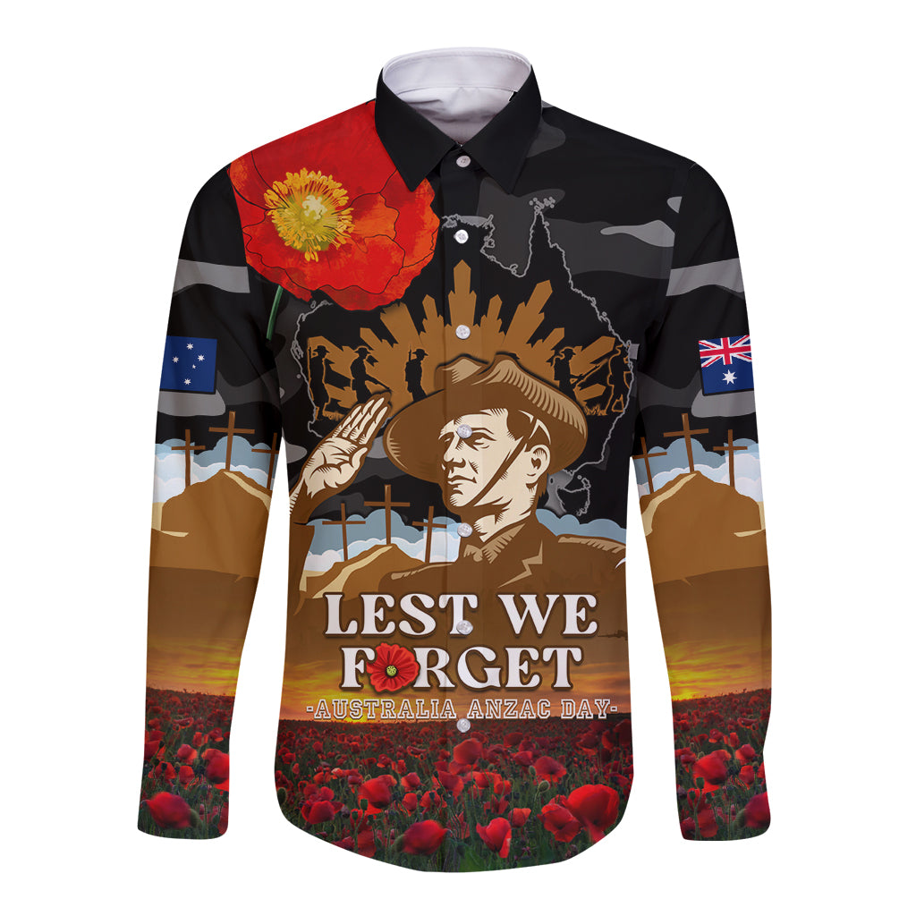 Australia ANZAC Day Long Sleeve Button Shirt Lest We Forget Australian Army Corps - Vibe Hoodie Shop