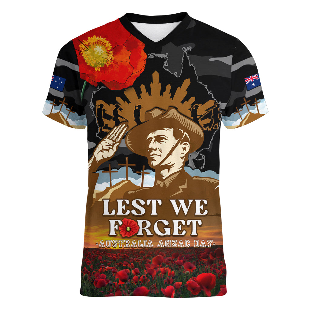 Australia ANZAC Day Women V Neck T Shirt Lest We Forget Australian Army Corps - Vibe Hoodie Shop