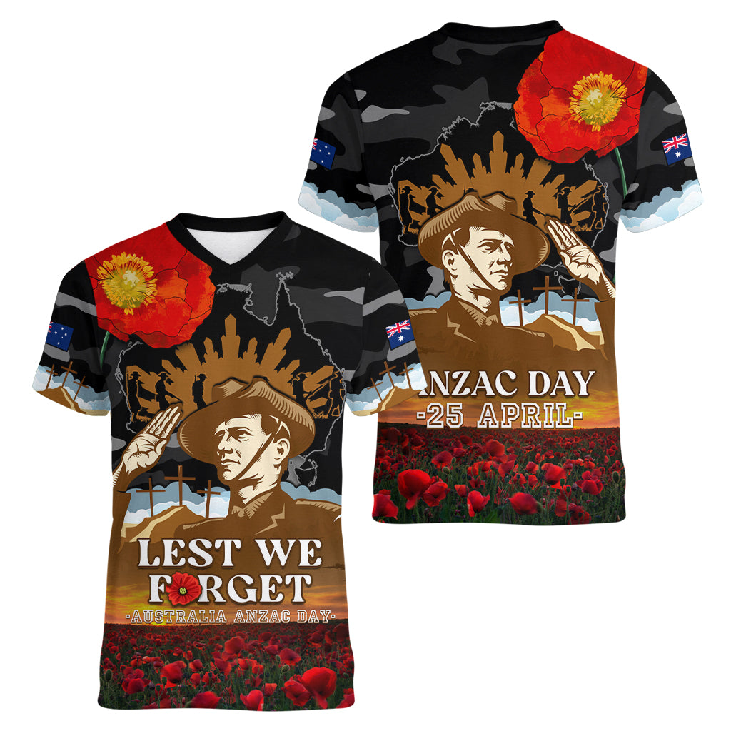 Australia ANZAC Day Women V Neck T Shirt Lest We Forget Australian Army Corps - Vibe Hoodie Shop