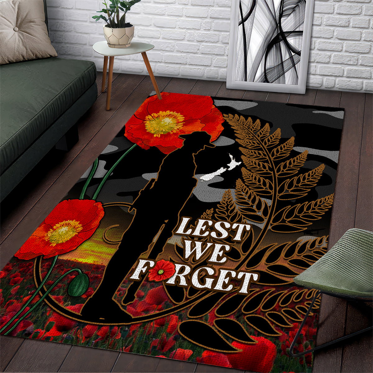 New Zealand ANZAC Day Area Rug Lest We Forget Silver Fern With Camouflage - Vibe Hoodie Shop